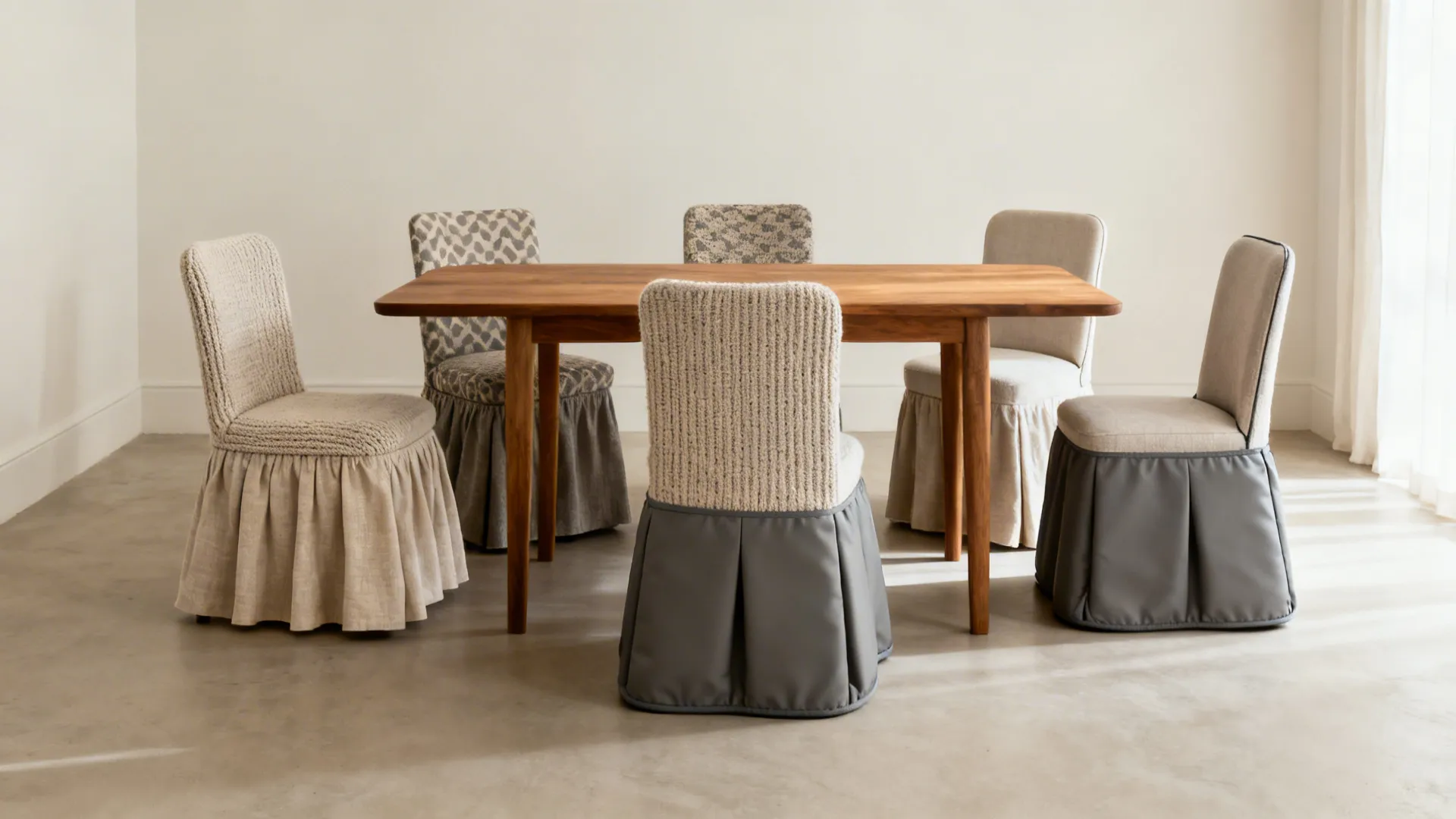 Small dining room showing five chair cover ideas combined in a cohesive, elegant setup.