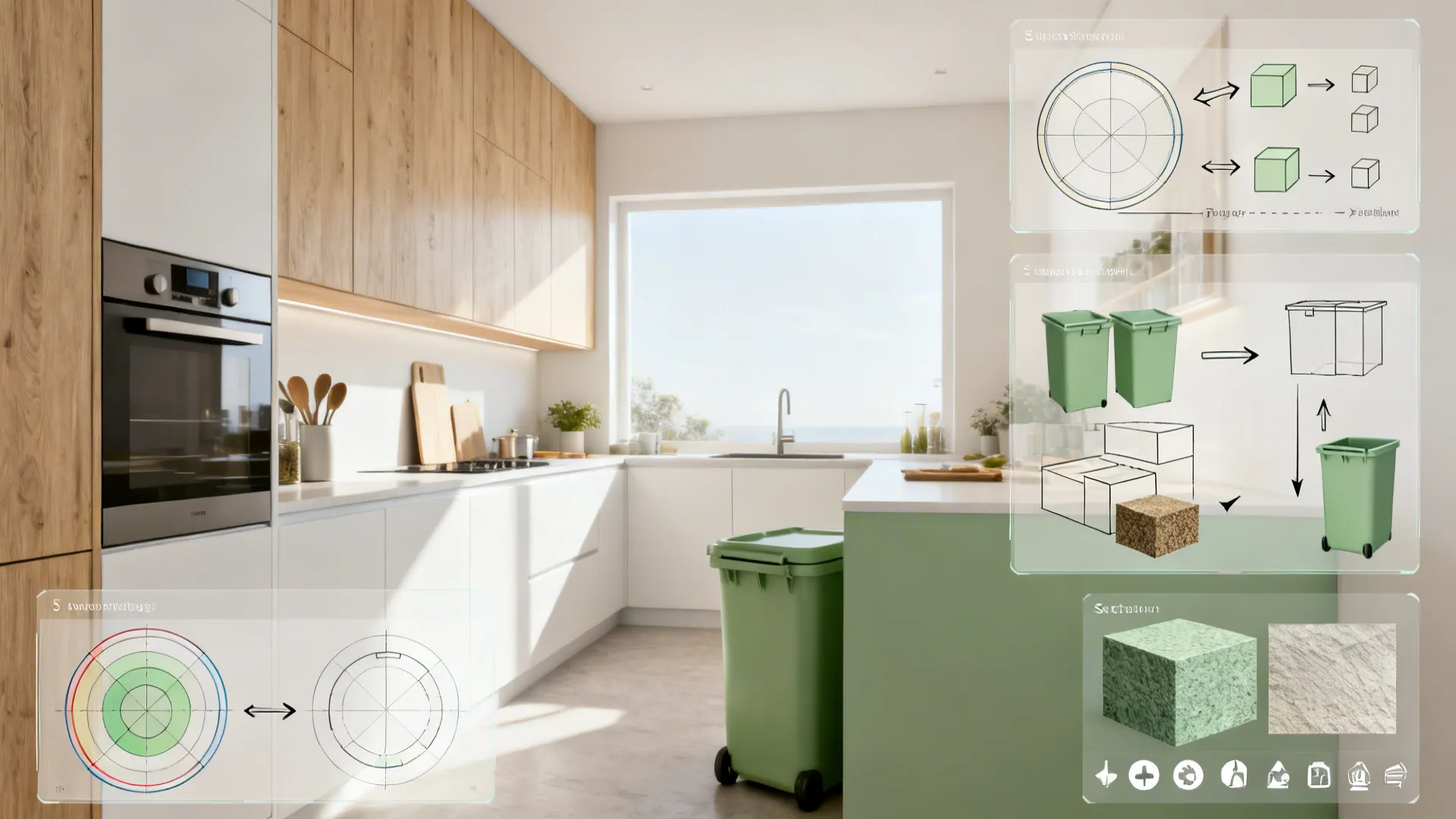 Bright compact kitchen with overlays illustrating zoning, flow arrows, scaled bins, section details, and icons.