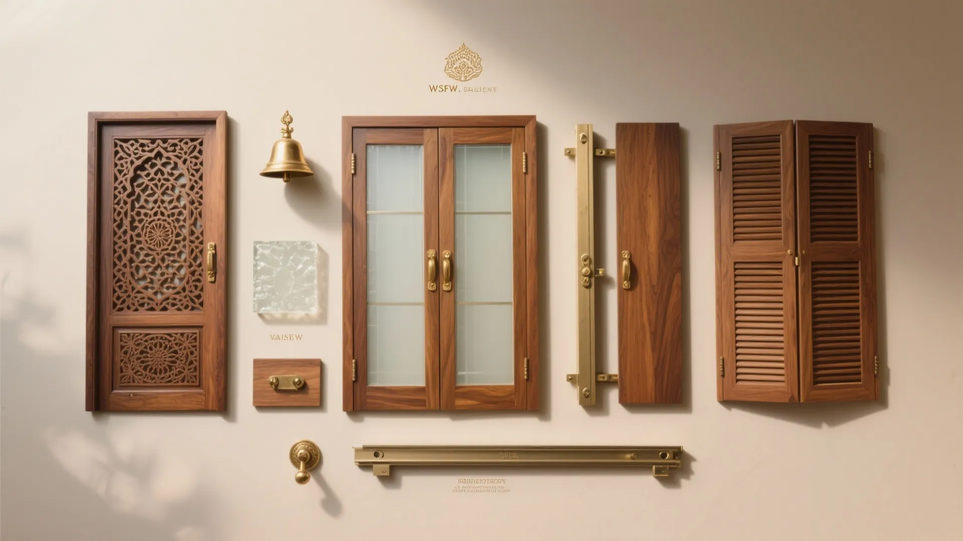 Collection of wooden windows and door panels with decorative patterns and brass hardware on wall