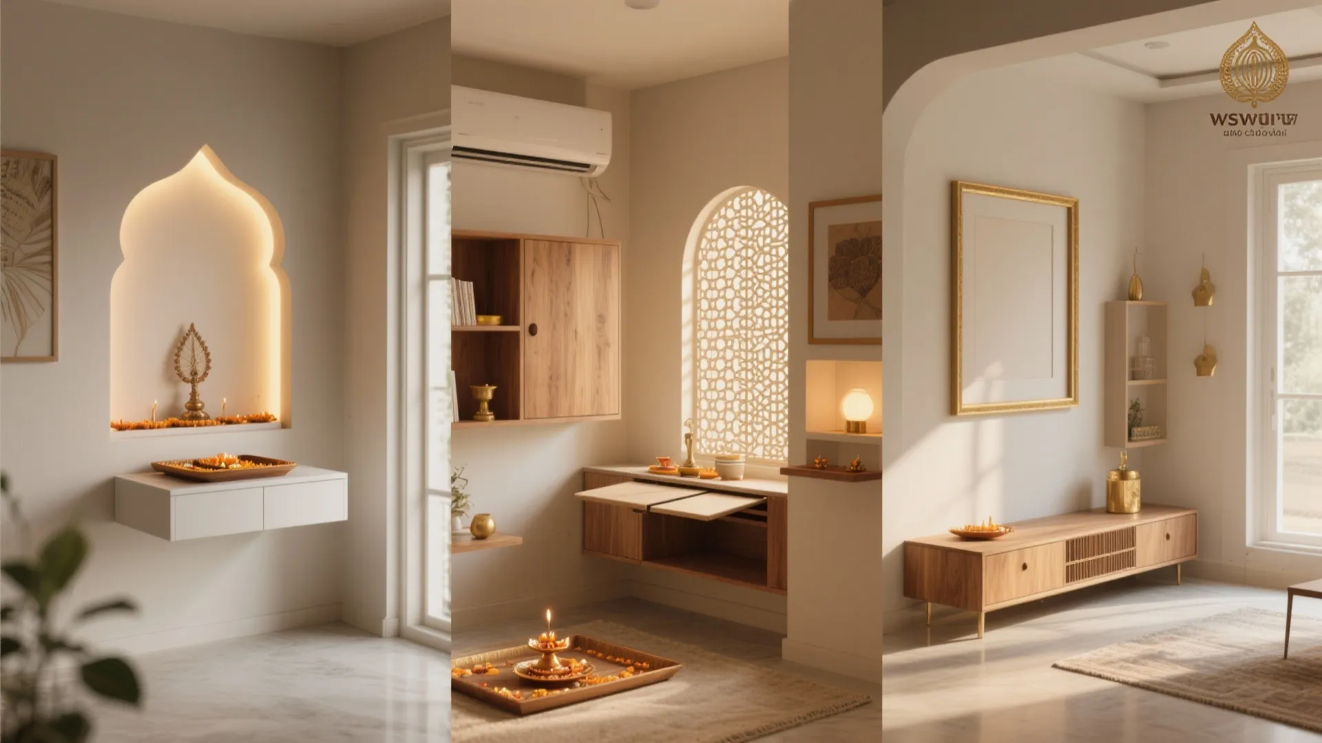 Three interior design drawings showing different modern prayer room layouts with wooden furniture and lights