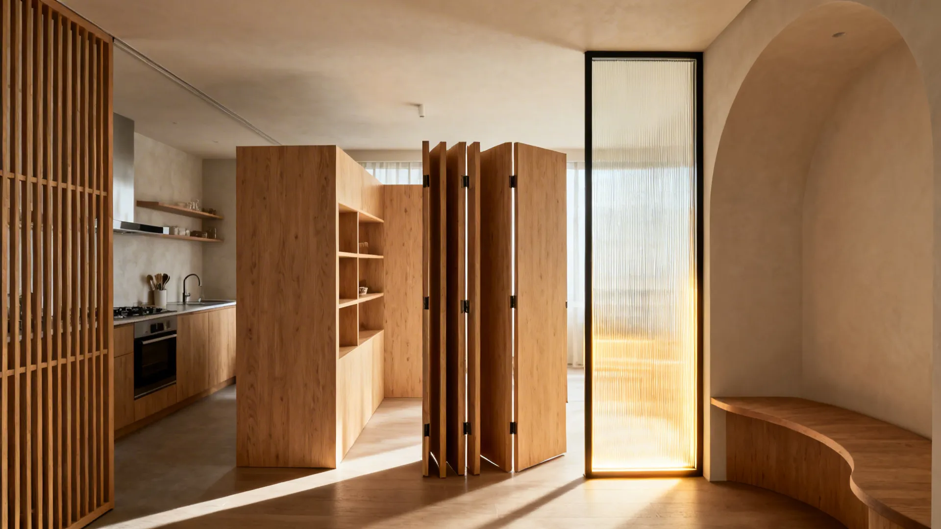 Compact studio showing slatted screen, pony wall, sliding panels, reeded glass frame, and a curved bench.