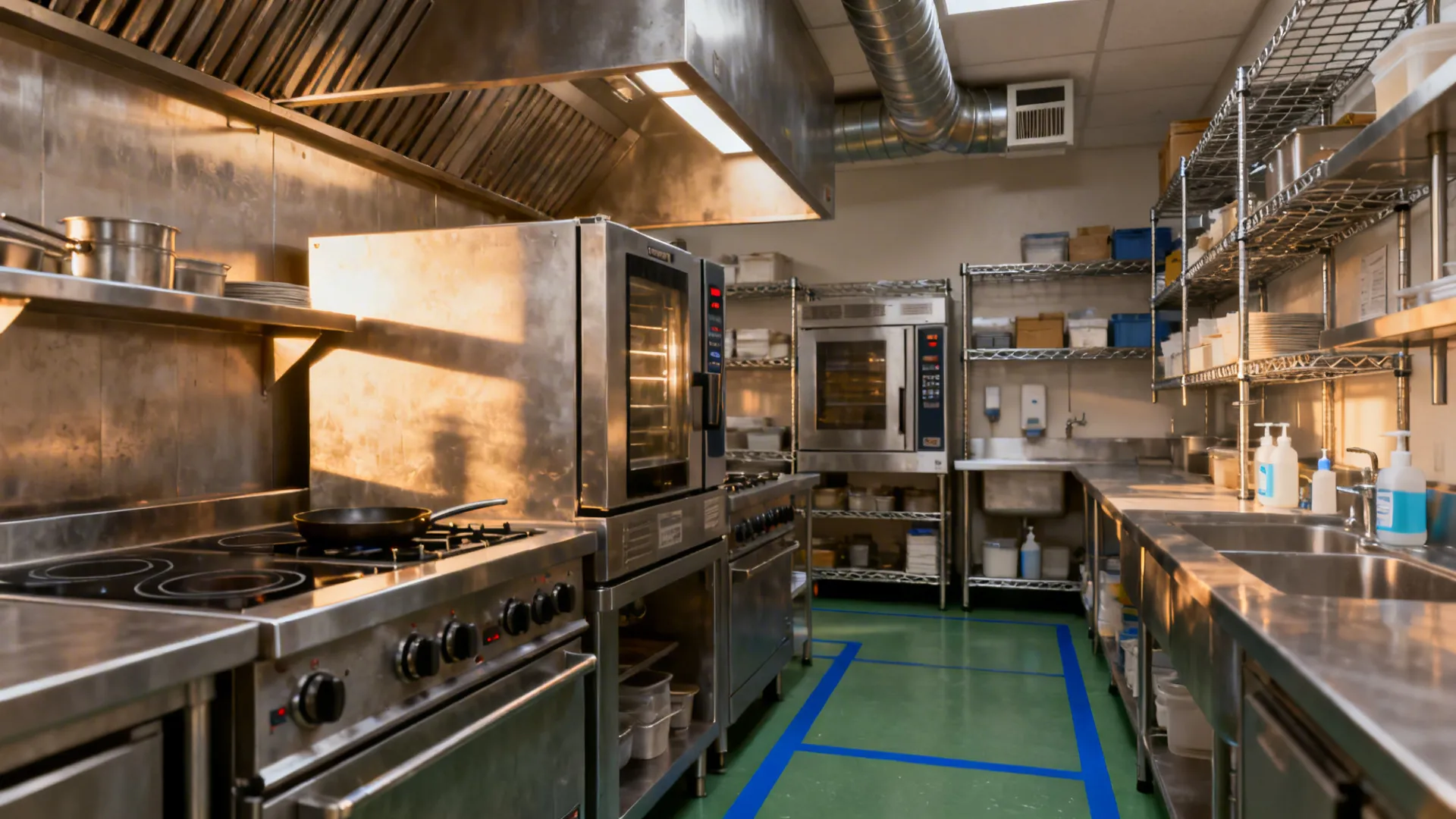 Compact kitchen scene showing zoned workflow, proper aisles, high-performance hood, targeted equipment, and organized storage.