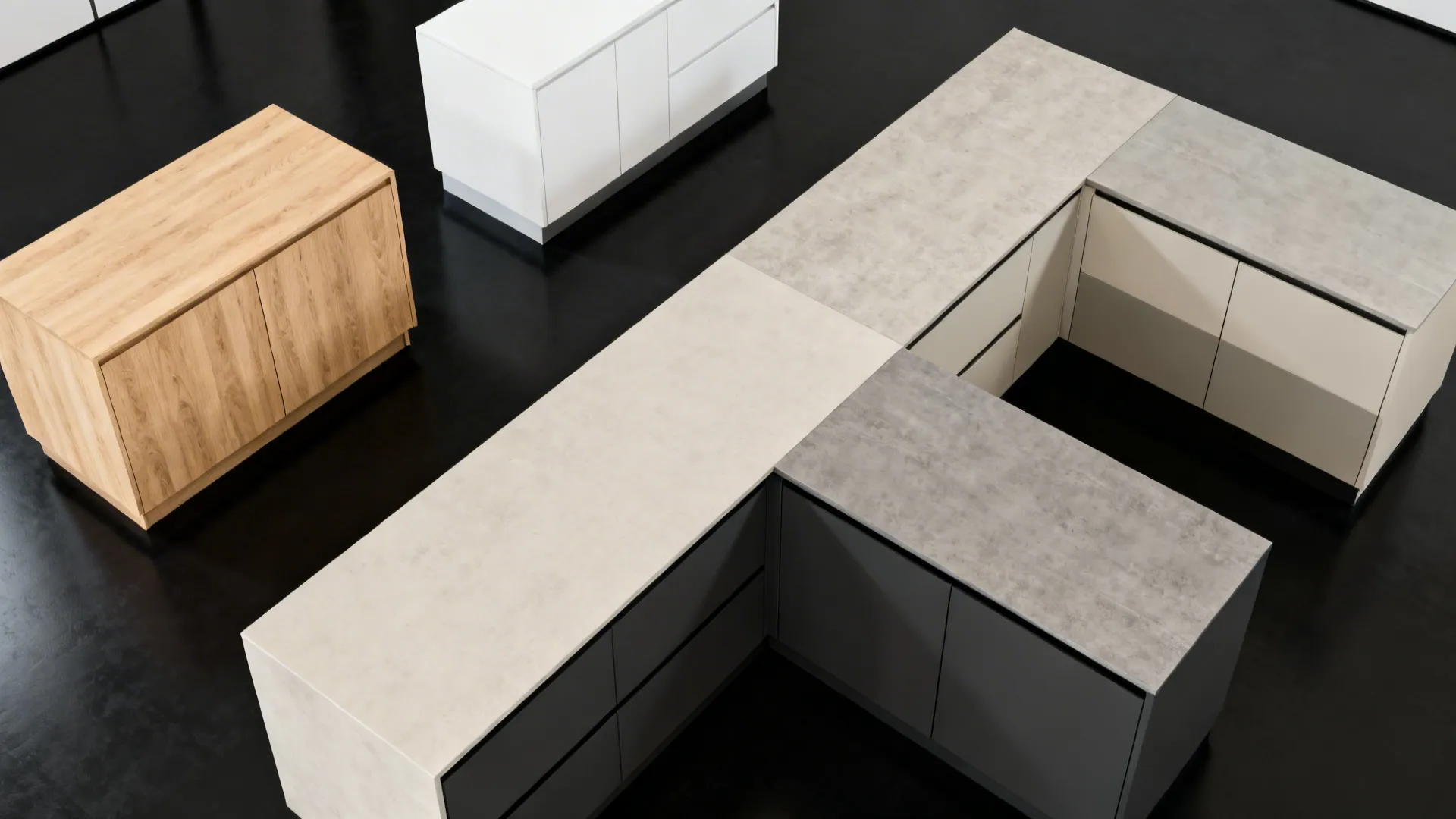 Top-down comparison of five cabinet palettes paired with a matte black kitchen floor.