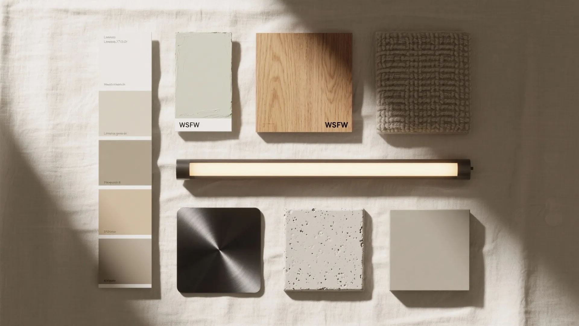 Interior design material board with color swatches wood tiles fabric samples and a light fixture