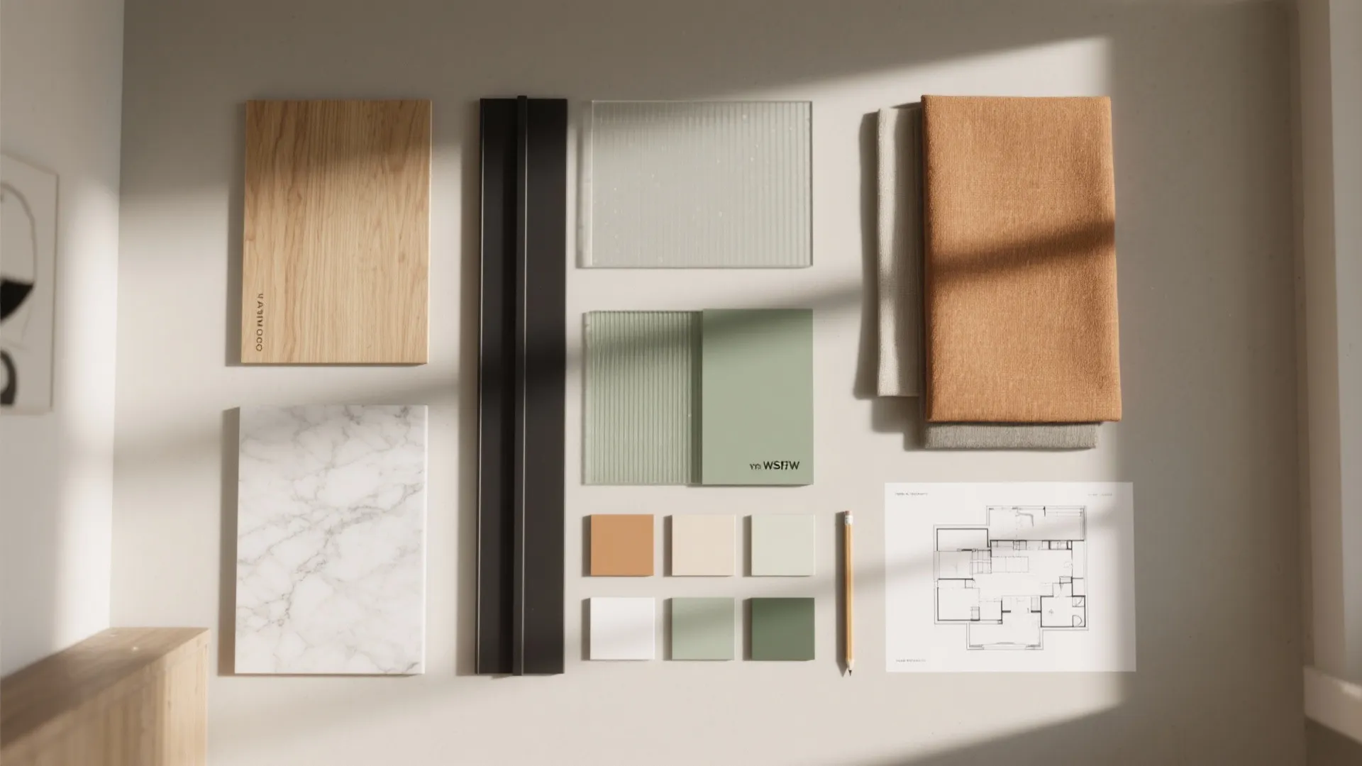 Flat lay of oak, porcelain, microcement, quartz, reeded glass, fabrics, and warm white and sage paint chips.