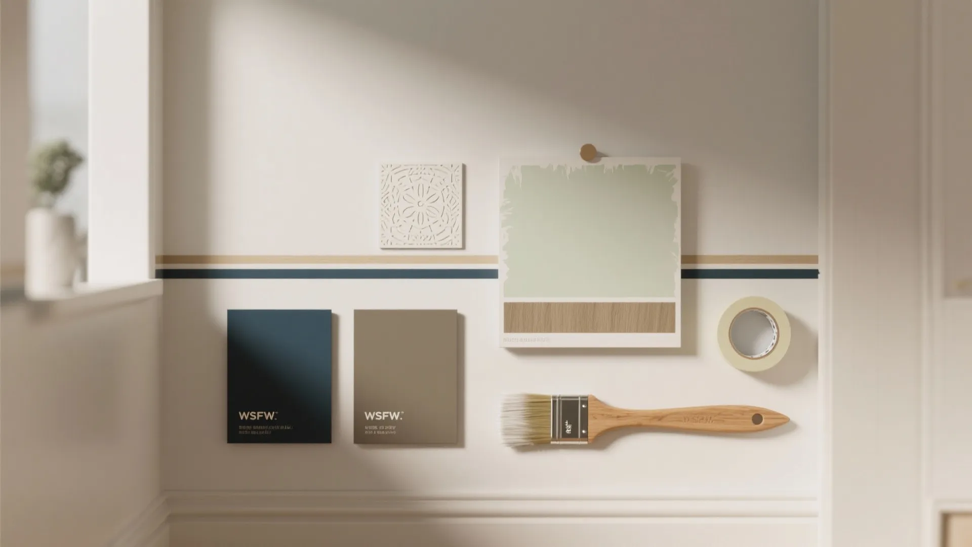 Interior design mood board on wall with paint color swatches, wooden brush, and masking tape