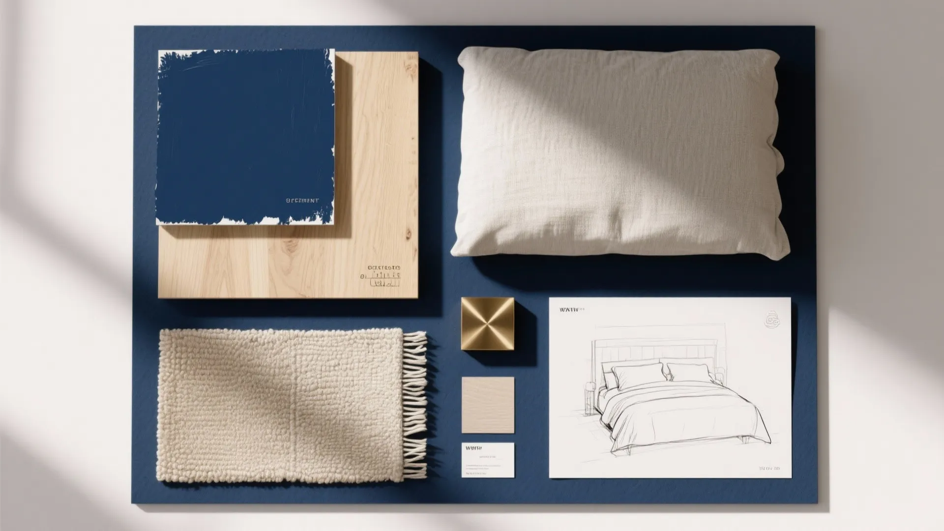 Interior design mood board with blue paint, wood sample, beige pillow, small rug, and sketch