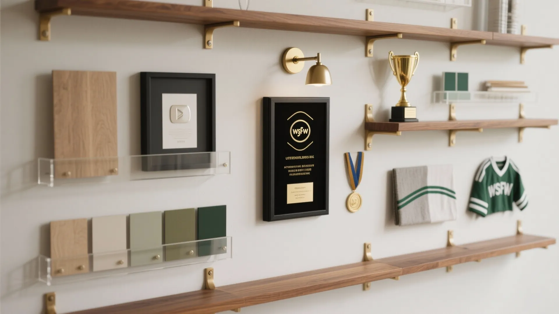 Wall with wood shelves displaying gold trophy black frame medal color samples and wall light