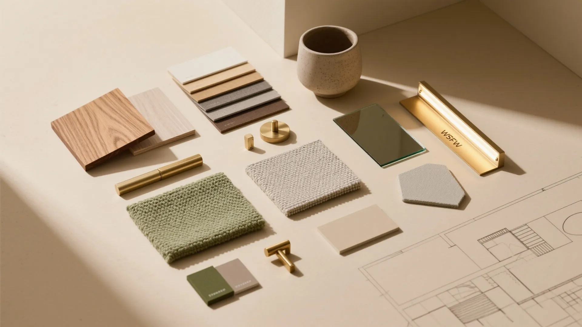 Interior design materials including wood samples fabric swatches gold metal handles and a room layout
