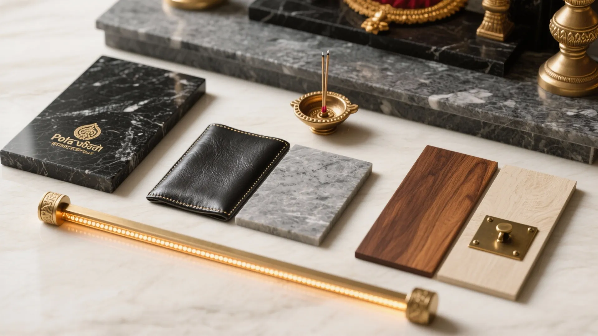 Top-down flatlay of granite samples, teak wood, brass hardware, and warm LED strip for mandir design.