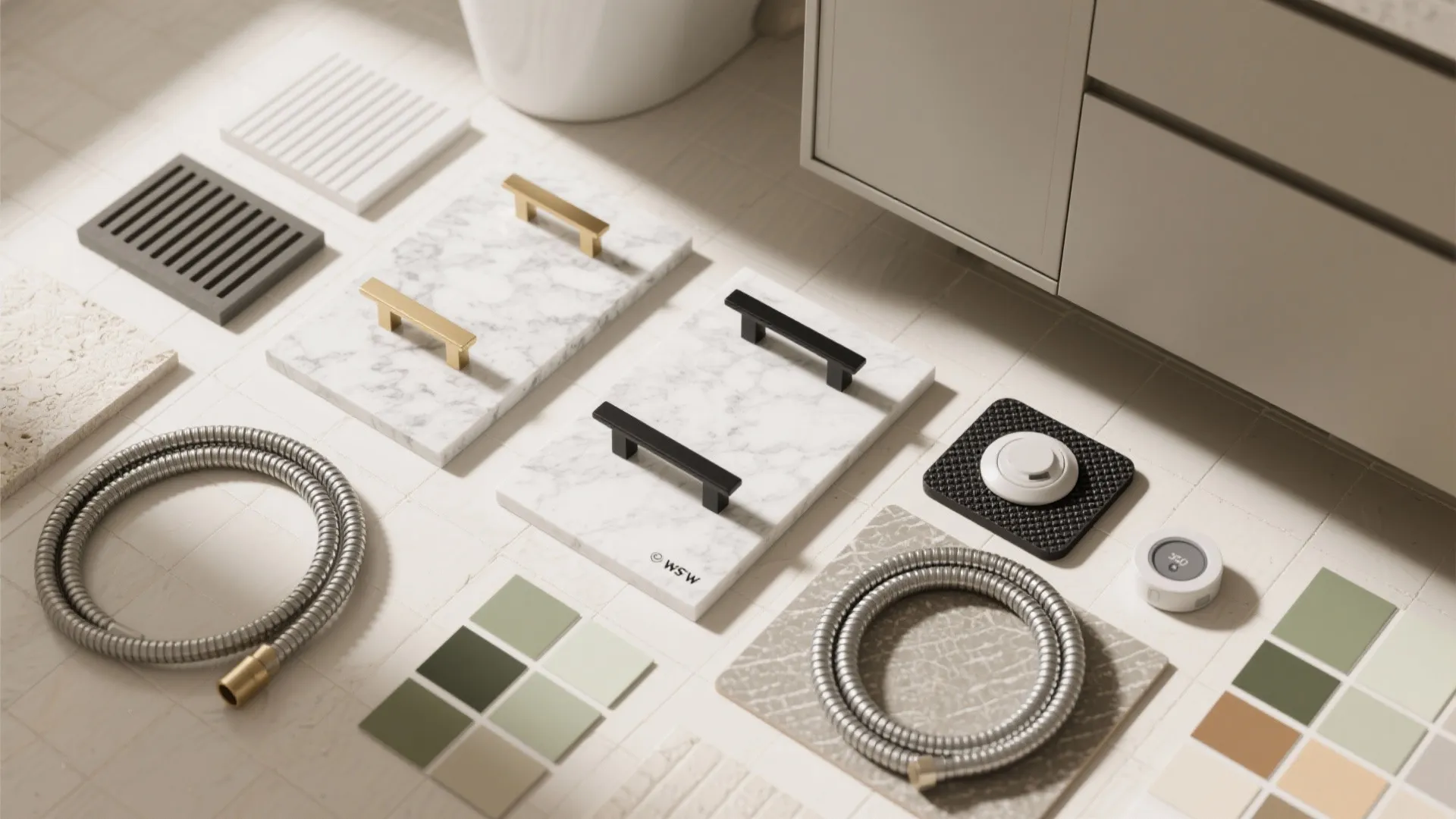Collection of bathroom materials including marble tiles, metal hoses, color samples, and small cabinet handles