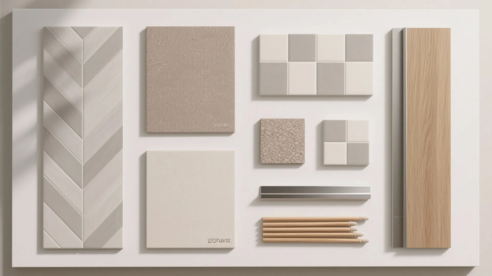 Interior design material samples including wood tiles and stone textures arranged on a white surface