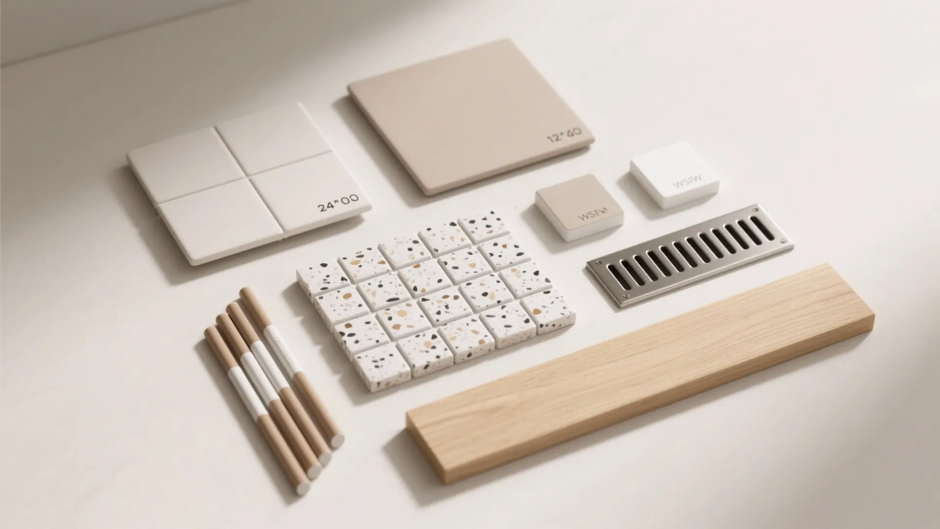 Interior design materials featuring beige tiles speckled mosaic tiles metal drain and a long plank