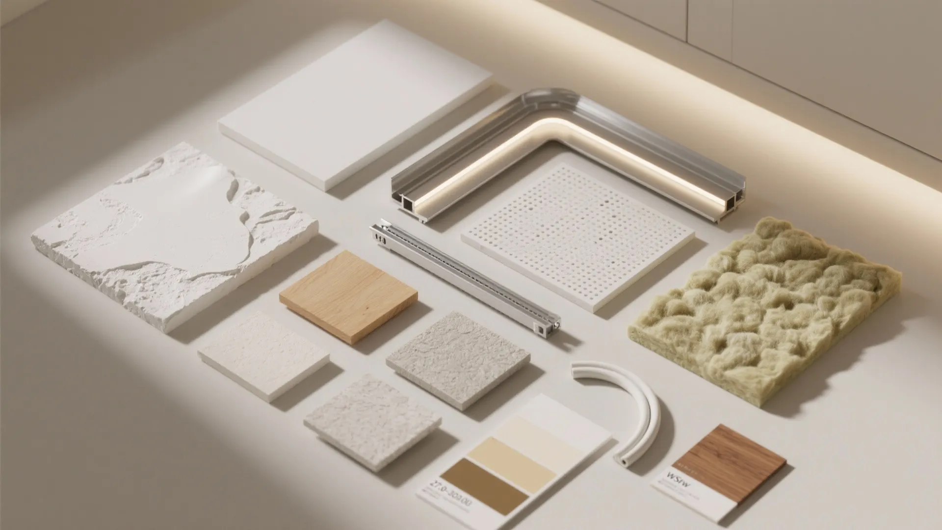 Interior design material board showing wood samples stone fabric metal light fixture and color swatches