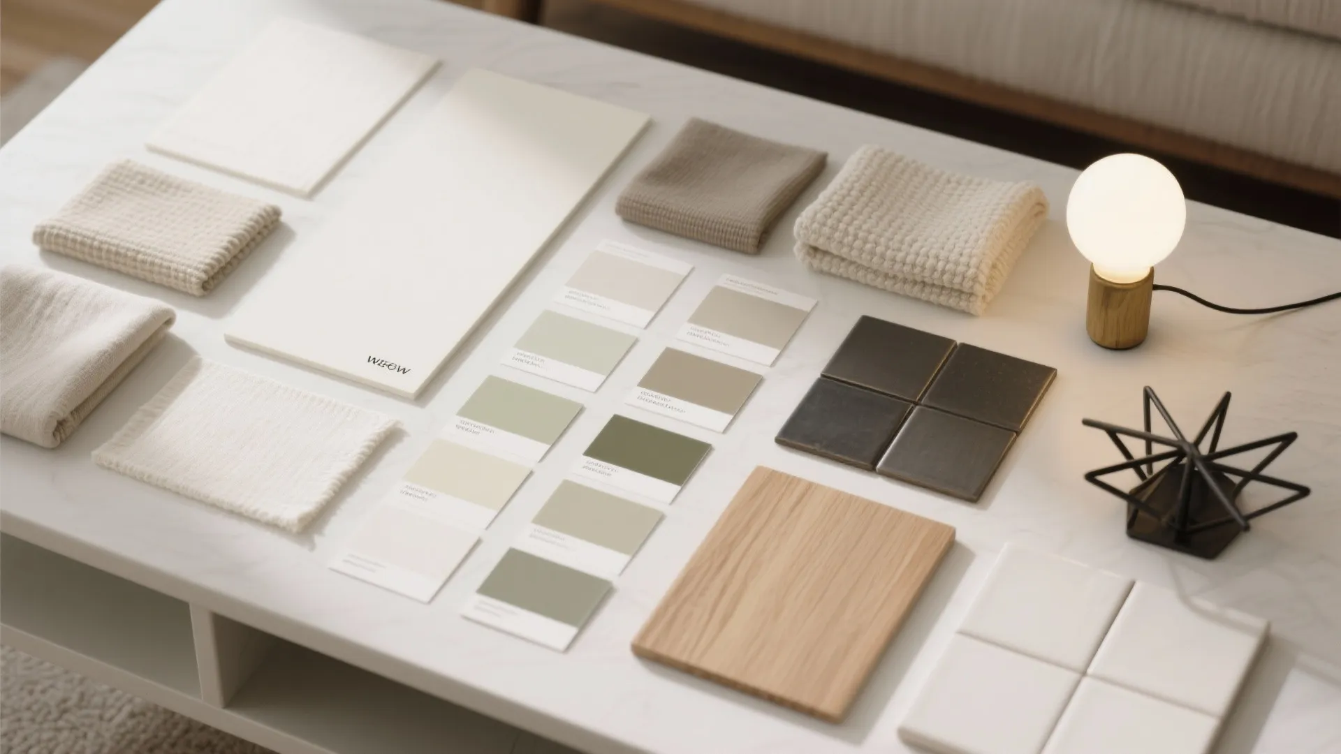 Material mood board with green color swatches wood tiles fabric and small table lamp on marble