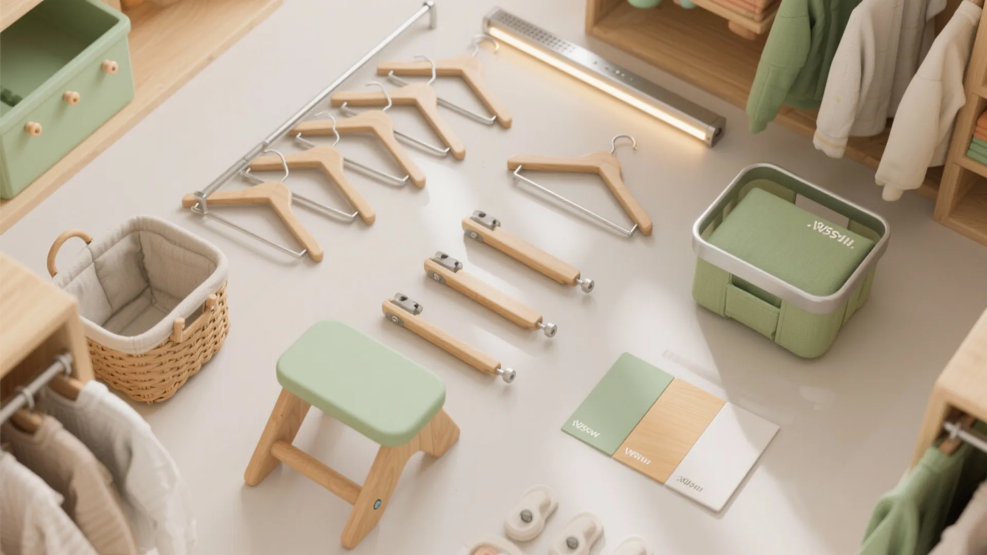 Flat lay of wooden hangers green stool storage boxes woven baskets and a white floor