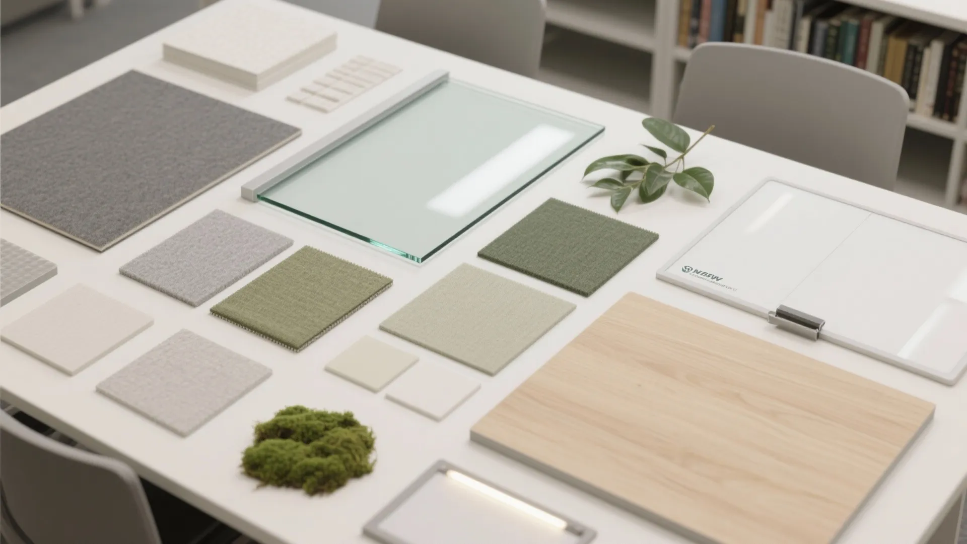 Interior design material board with fabric samples wood board glass and green leaves on table