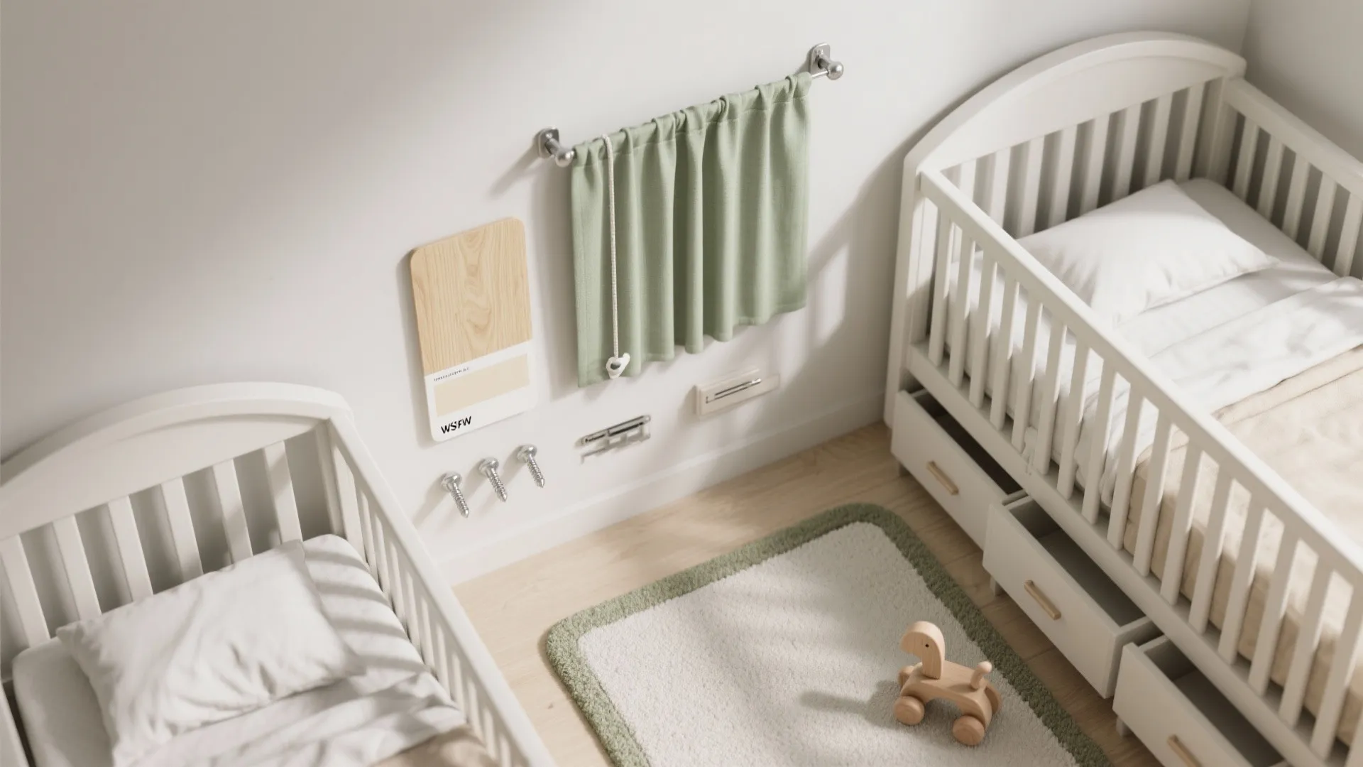 Overhead view of nursery design with white cribs green curtain wood samples and soft rug