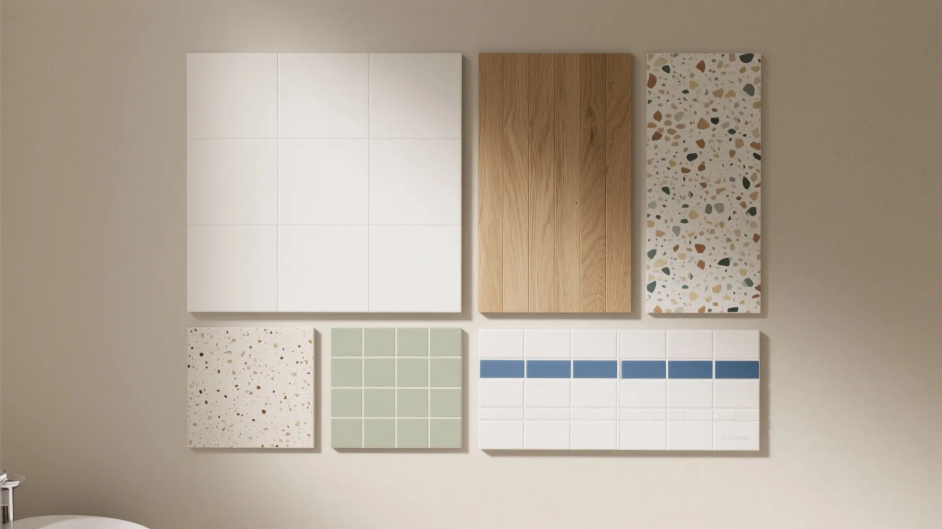 Collection of bathroom material samples including white tiles, wood panel, and colorful patterned stone pieces