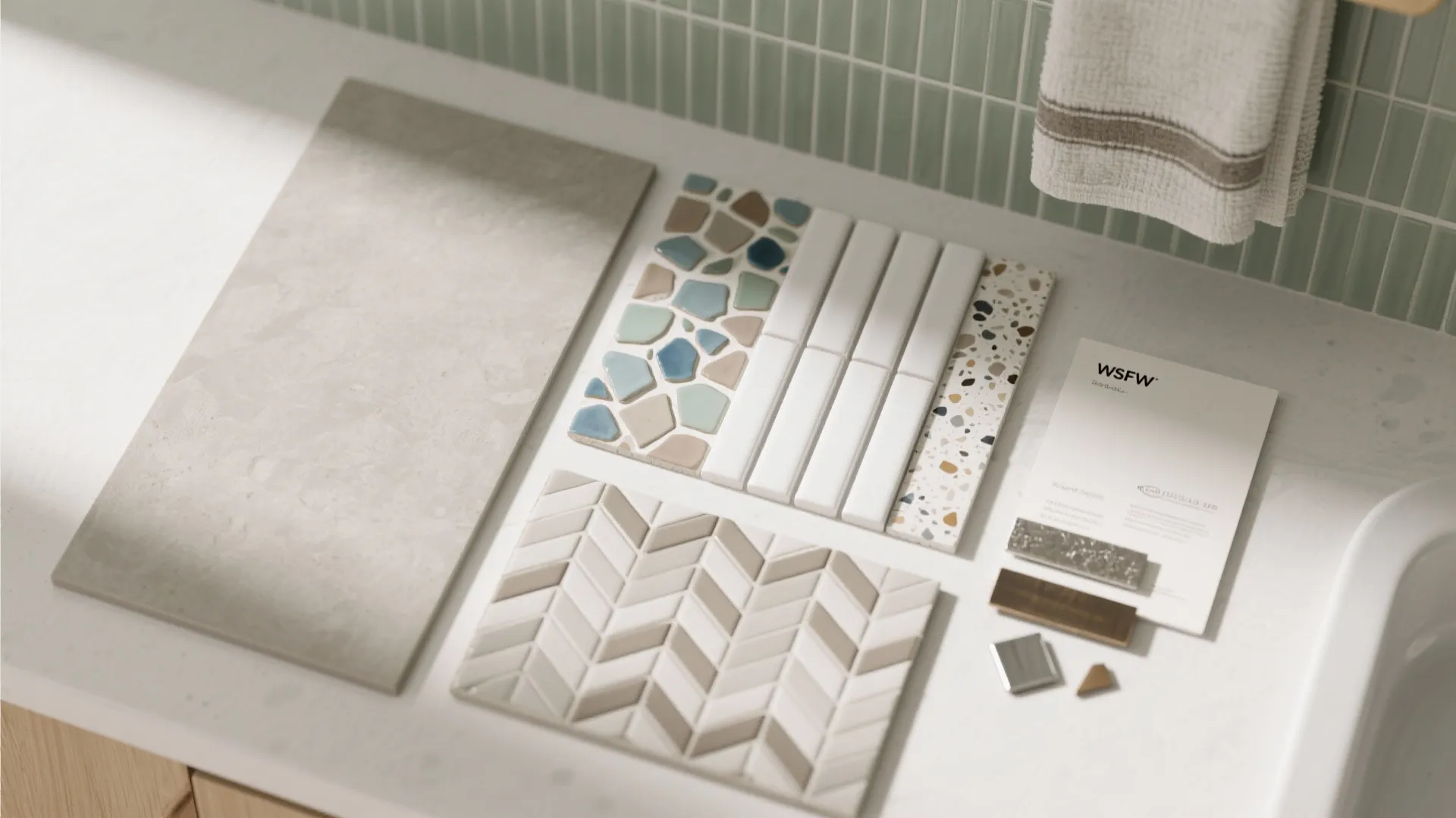 Top-down flatlay of wall tile samples: matte porcelain, zellige, vertical subway, terrazzo, herringbone with grout swatches and finish chips.