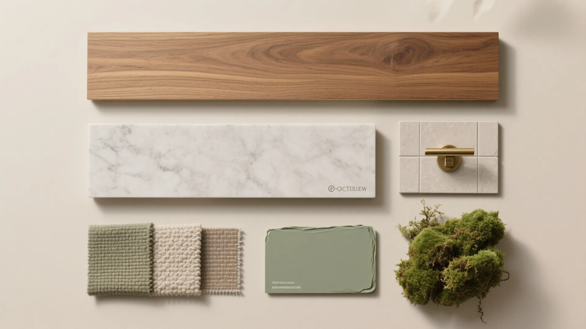 Interior design material board featuring wood, marble, green fabric samples, paint swatches, and gold hardware