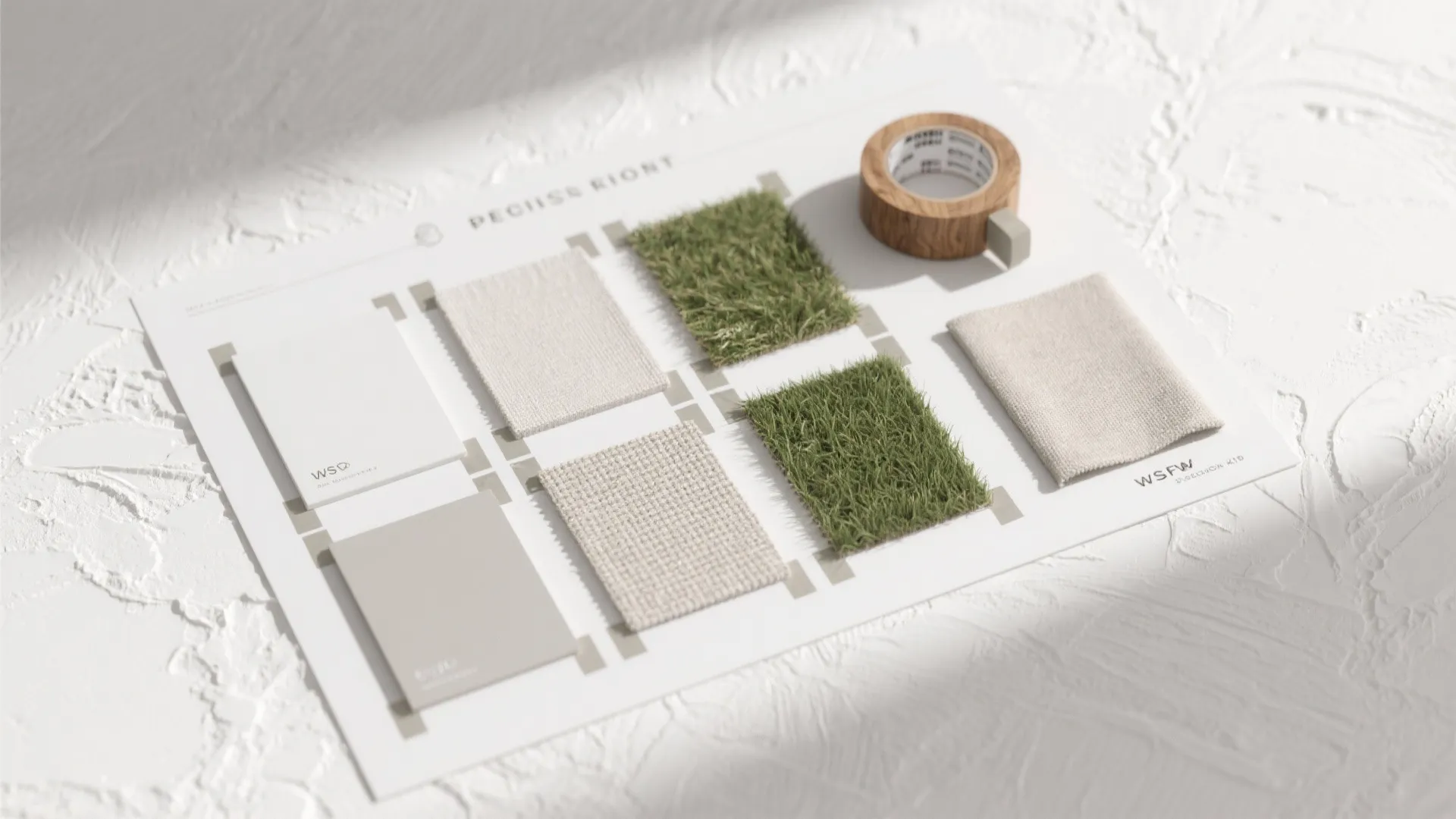 Flat lay of white wallpaper swatches in different textures and sheens with oak and neutral fabric accents.