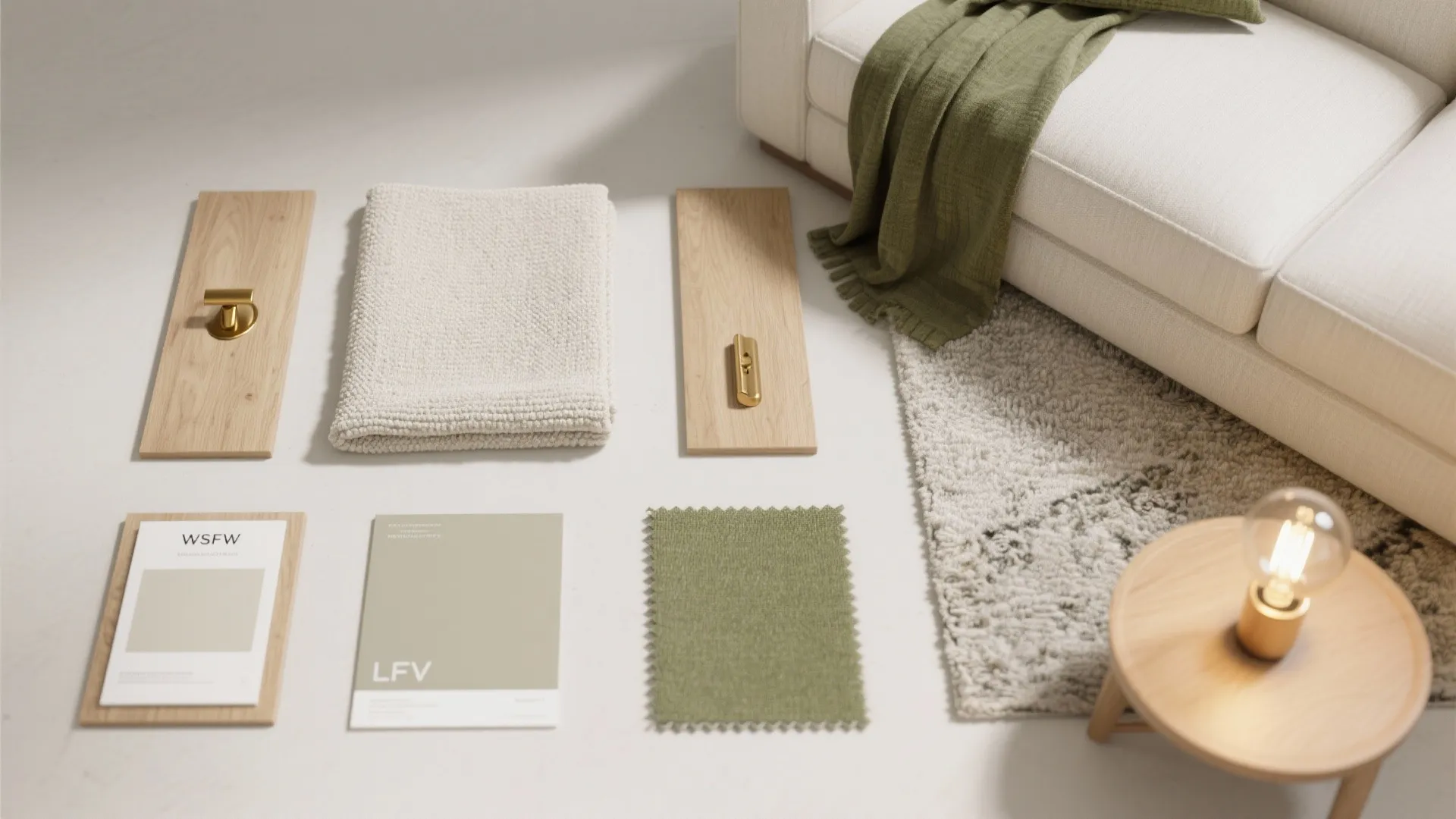Flatlay of light linen and bouclé fabrics, oak wood, warm brass, neutral paint chips, sage textile, and a nubby rug swatch.