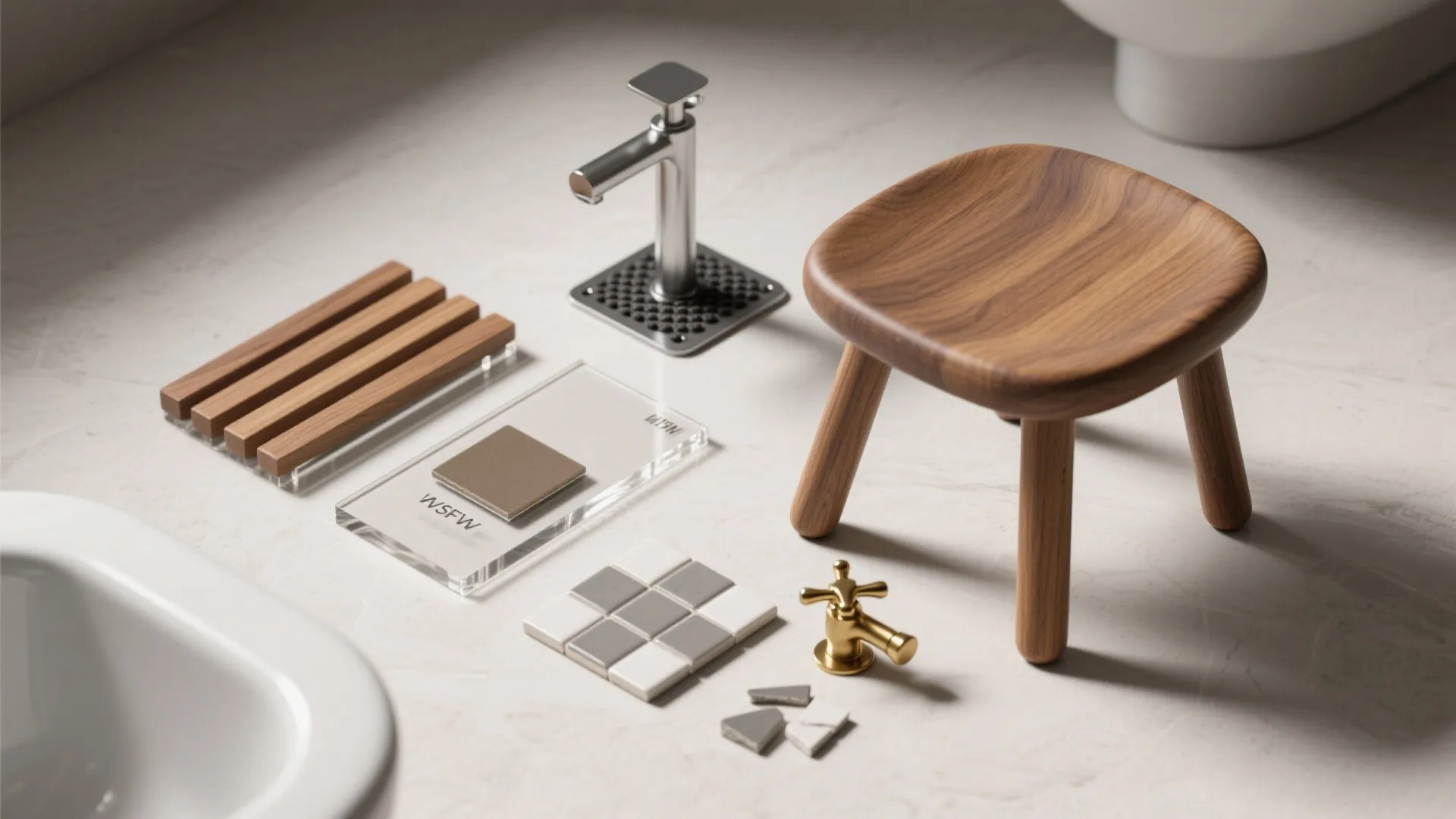 Flat lay of teak, acrylic, aluminum bracket, rubber pads, brass, and tile swatches for small bathroom stools.
