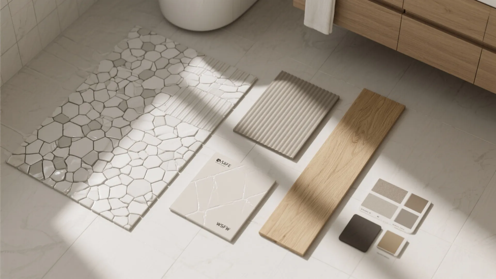 Interior design material samples including stone tiles wood board and textured wall panels on white floor