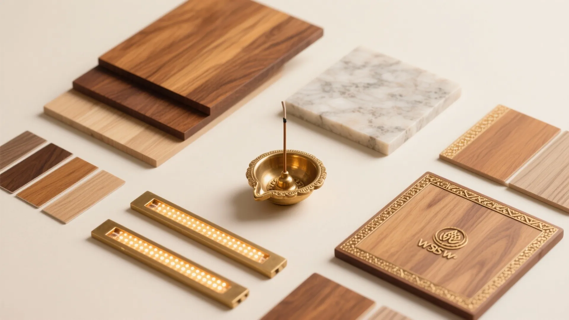 Interior design material flat lay with wood samples marble tile brass incense holder and light fixtures