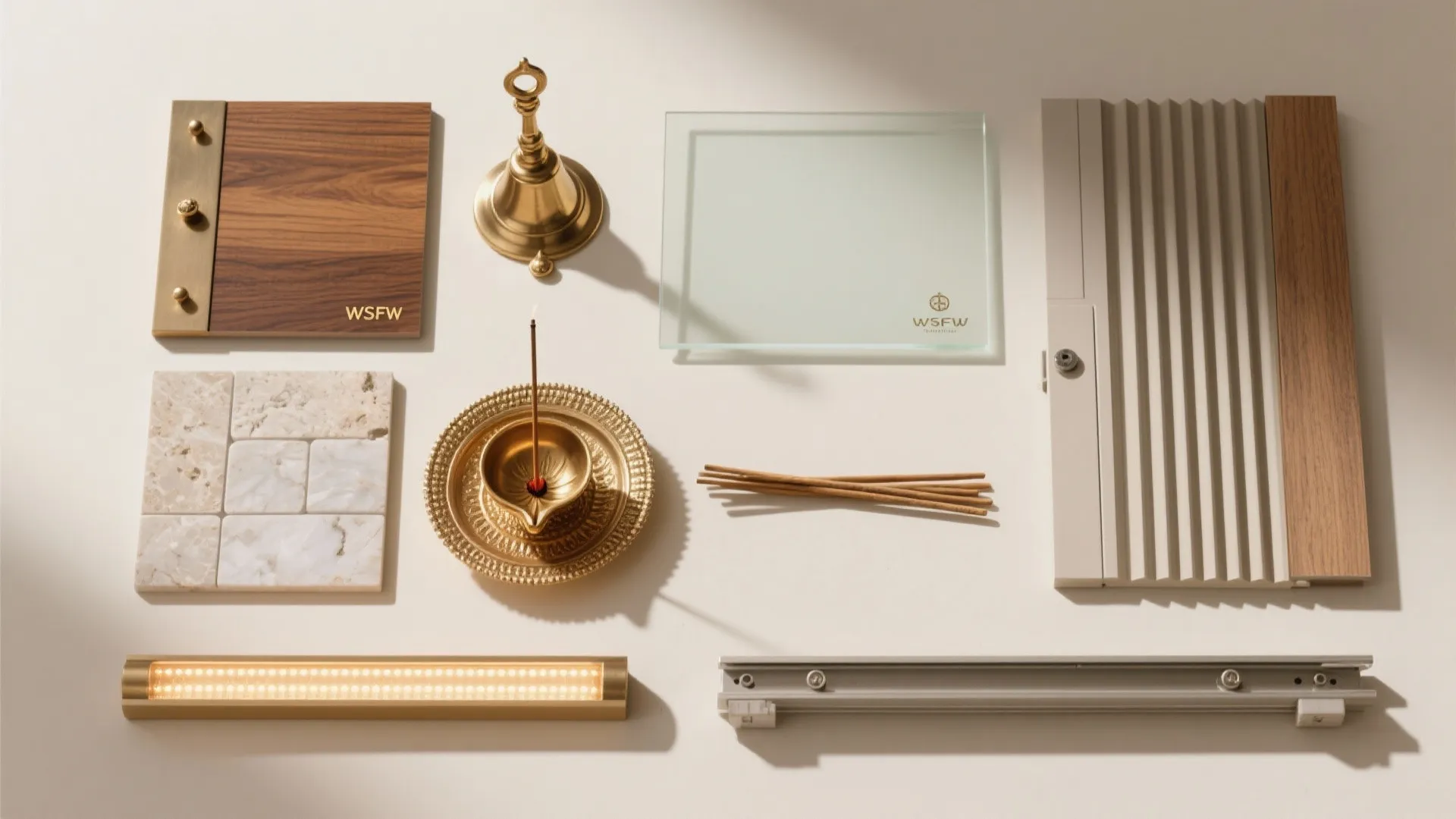 Flat lay showing wood samples marble tiles brass bell incense burner and modern light fixture