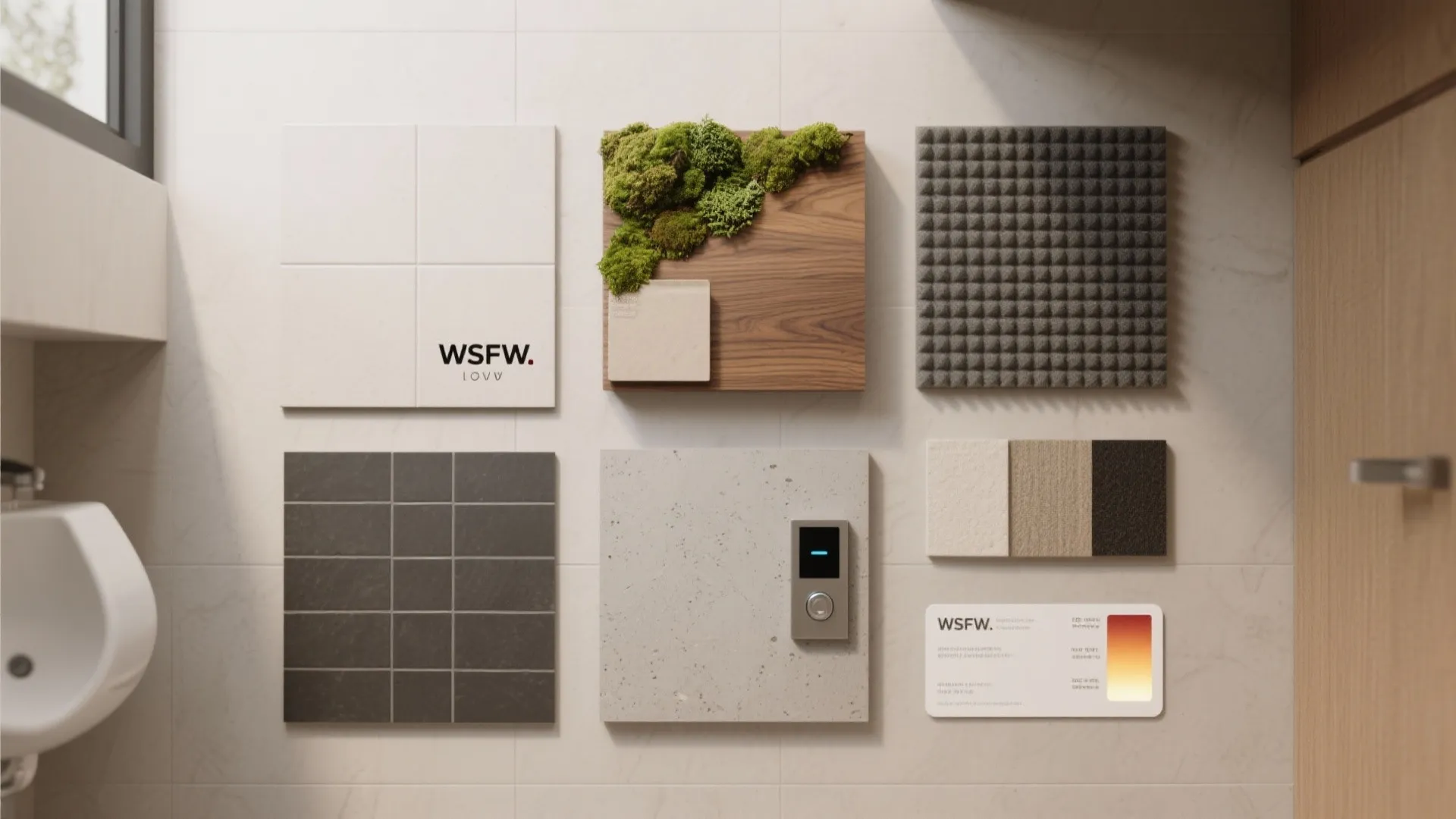 Interior design mood board with tiles, wood, green moss, fabric samples, and modern wall light