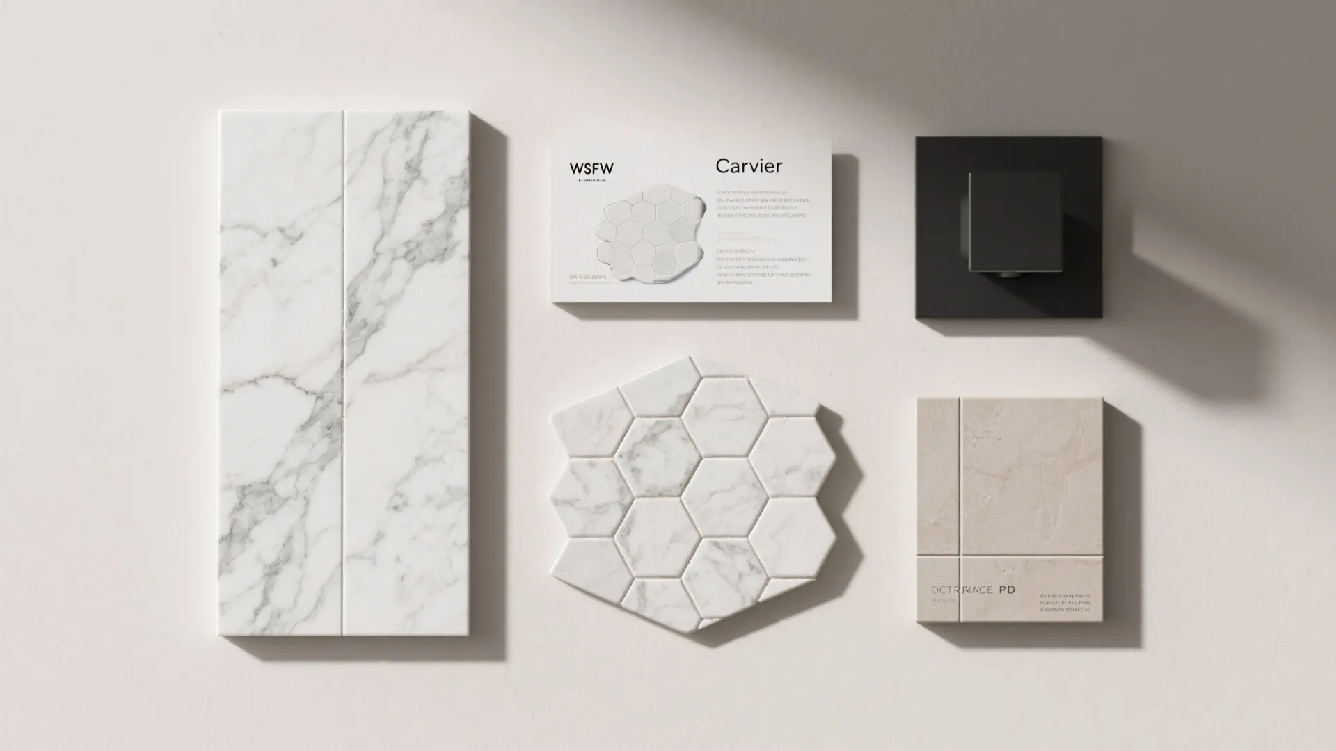 Flatlay of honed marble, porcelain slab sample, bookmatch veining card, Carrara mosaic, and matte black hardware.