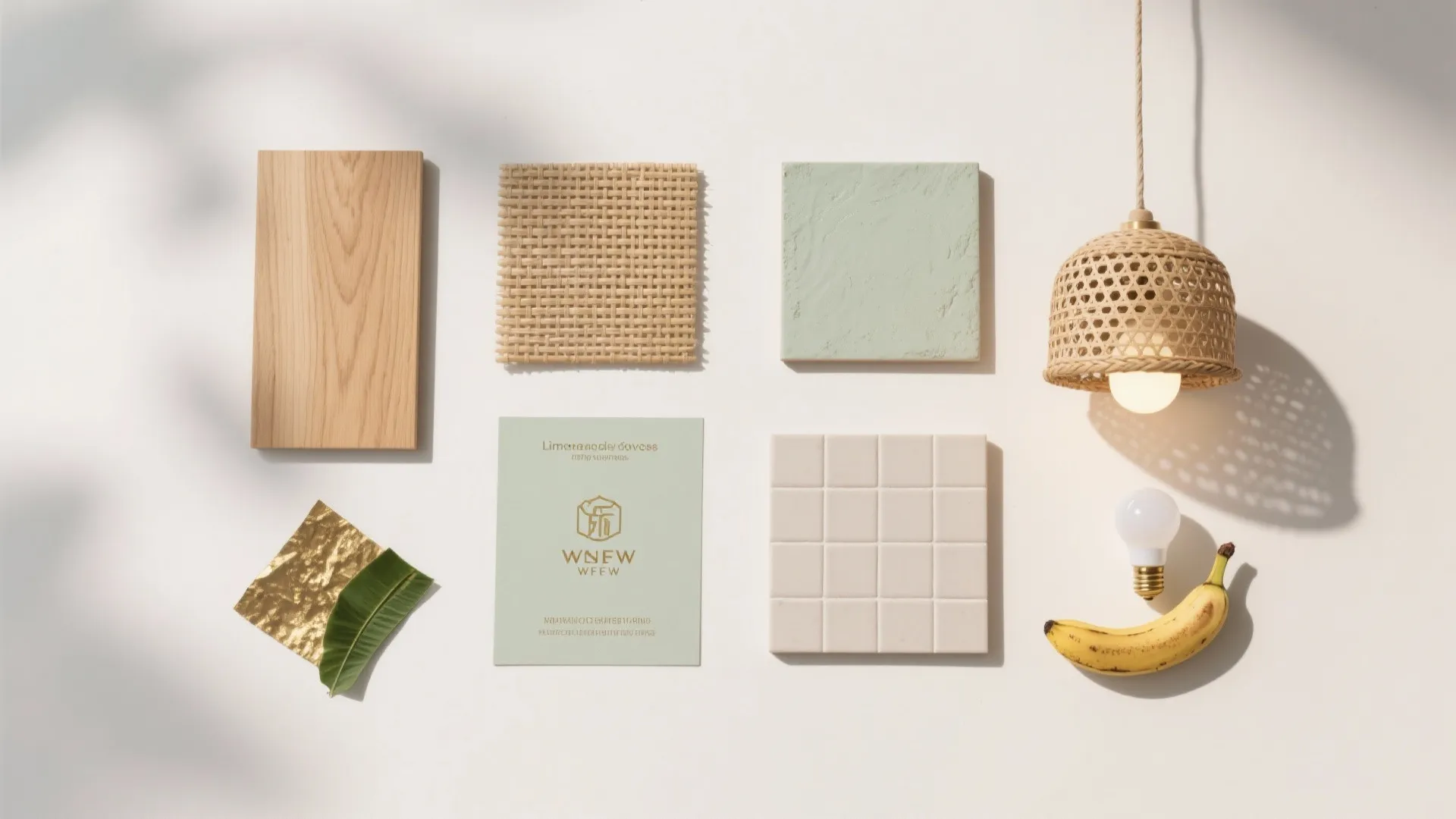 Interior design mood board with wood samples, woven textures, wall tiles, and small light fixture