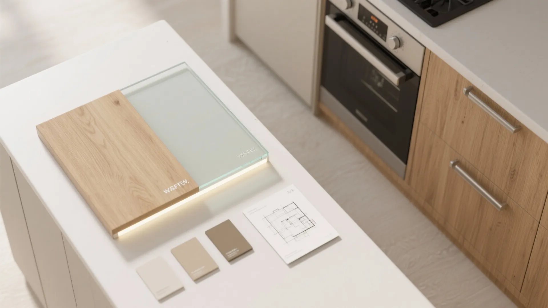 Kitchen island with wood samples color cards and a floor plan drawing near a stove