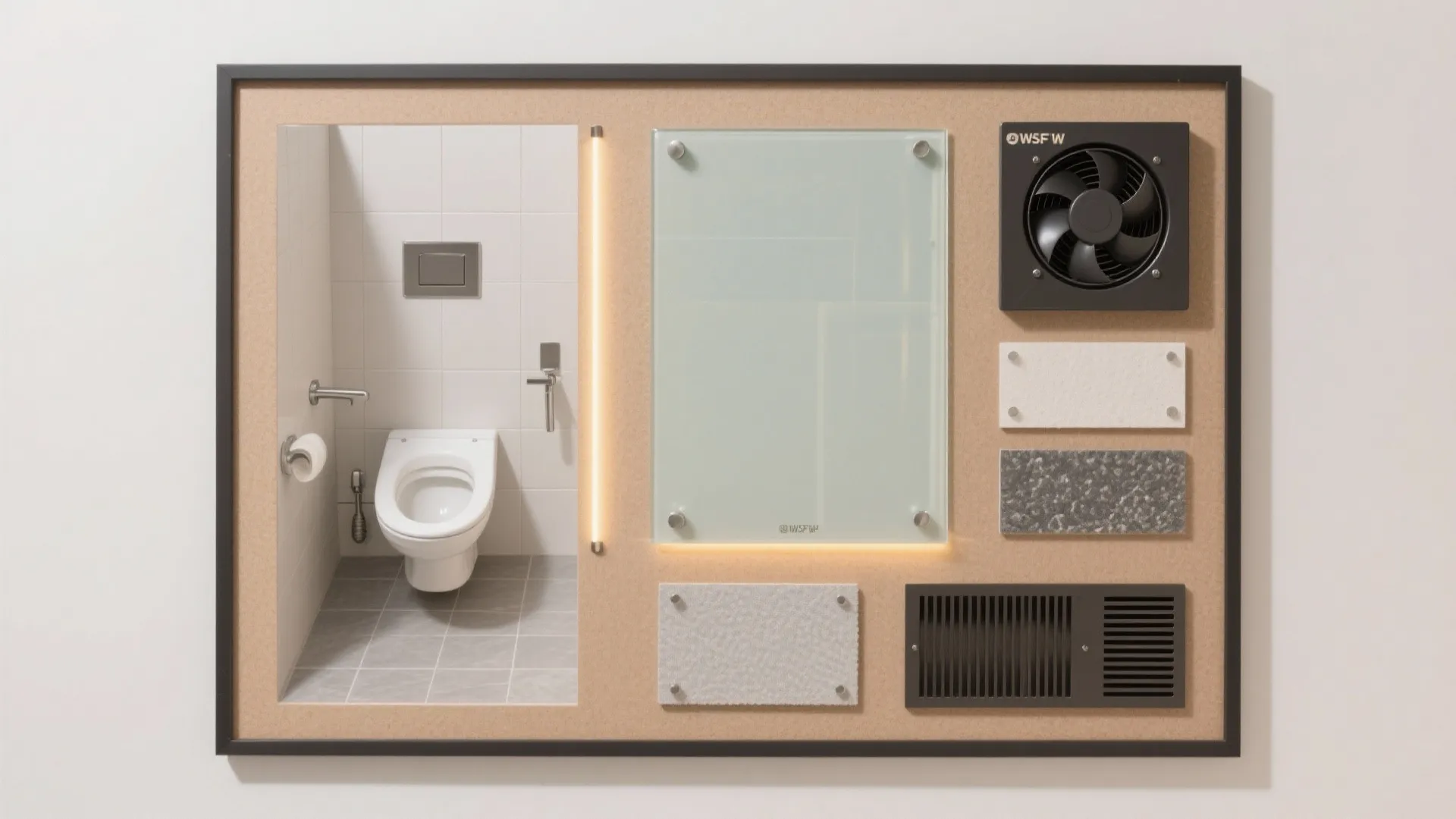 Mood board showing bathroom fixtures including a toilet and fan plus various interior design material samples