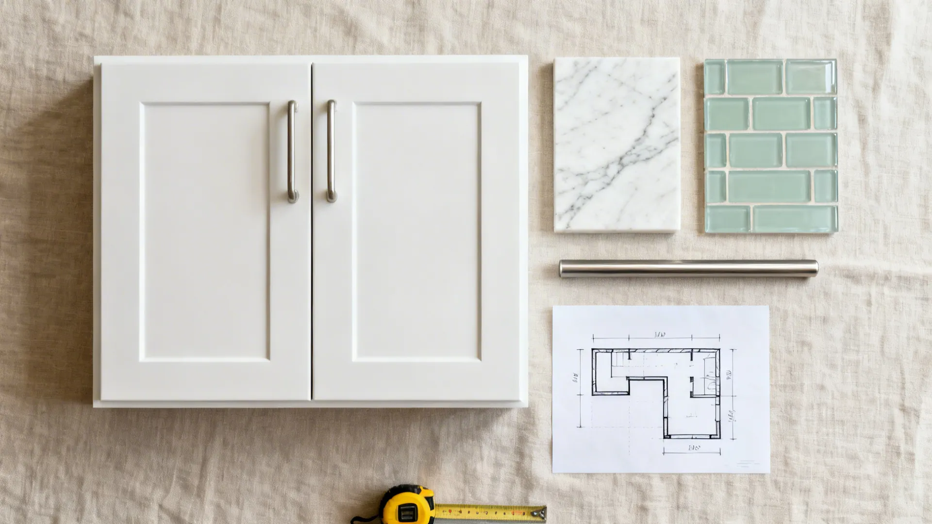 Flat lay of matte cabinet, quartz, sage tile, glass swatch, slim pull, and L-shape sketch.