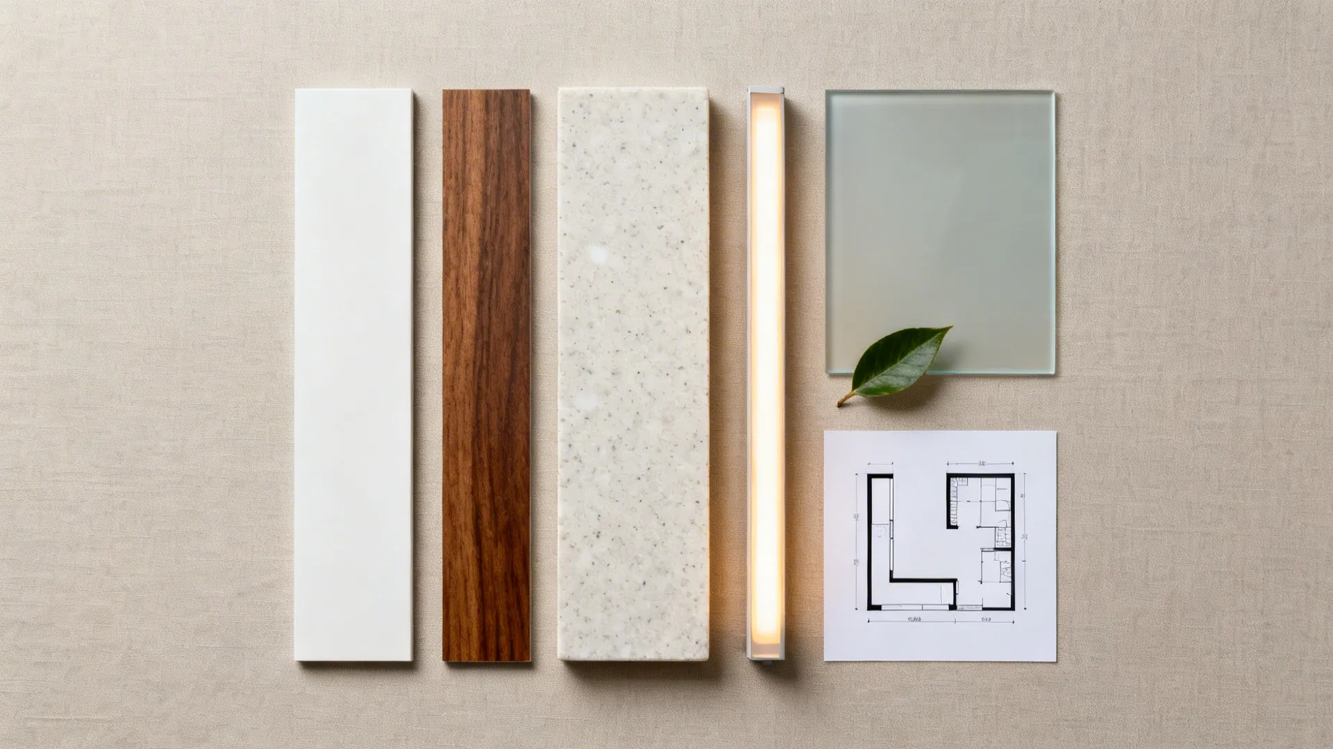 Flat lay of white and walnut finishes, quartz, glass, LED strip, plant leaf, and an L-shape sketch.