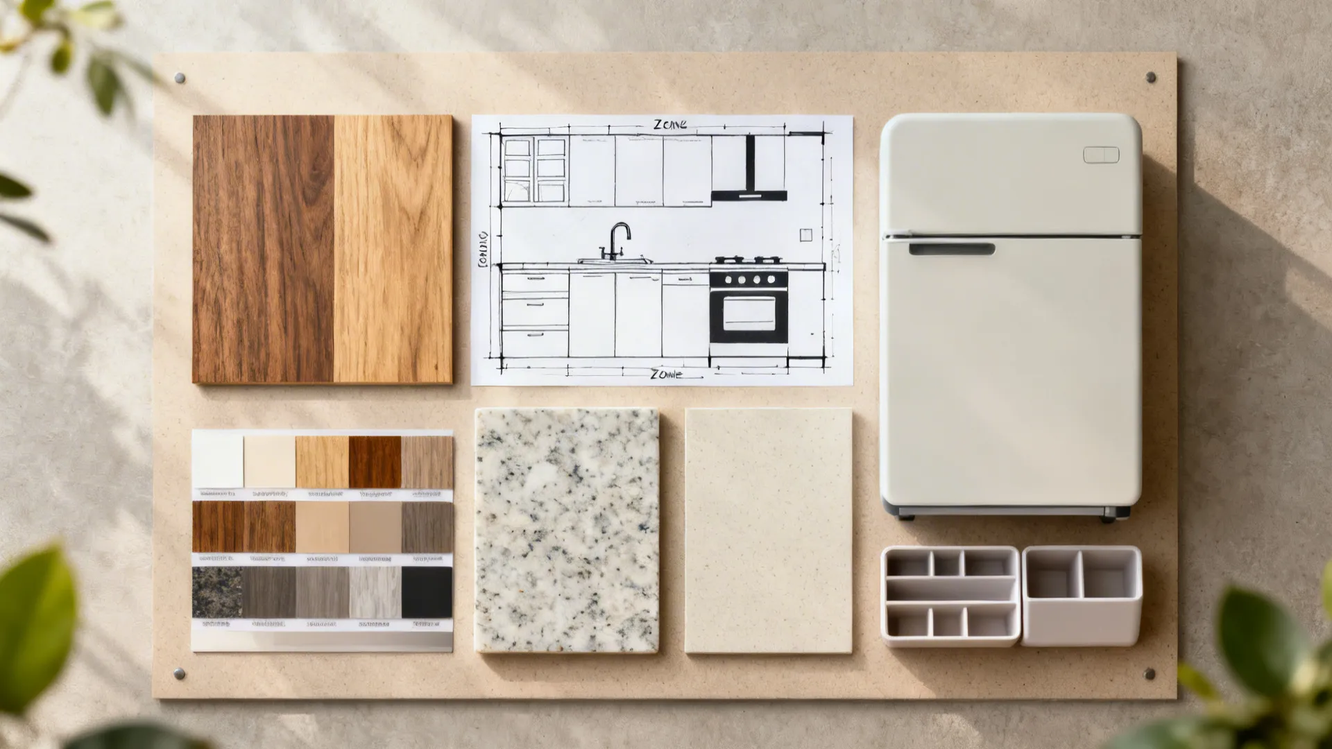 Flat lay of materials and compact kitchen elements representing smart modular choices.