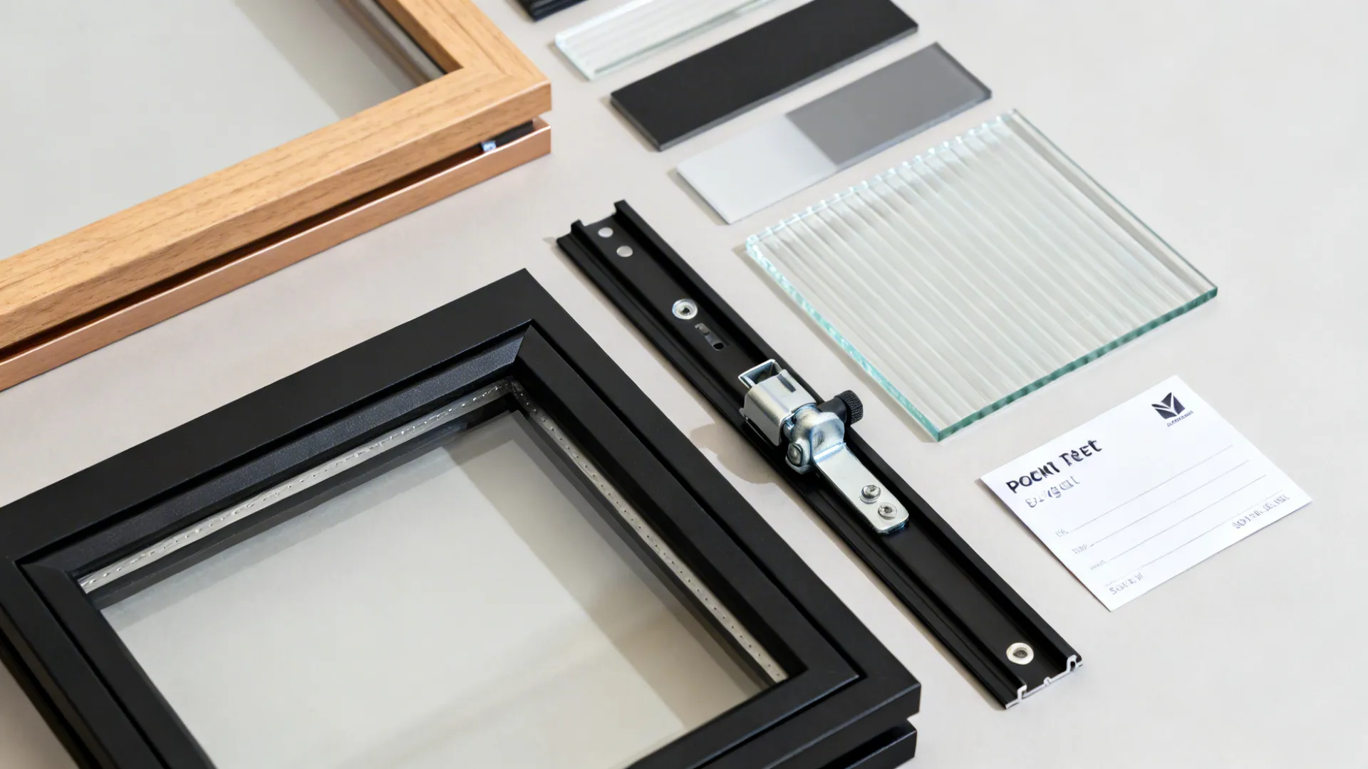 Top-down flat lay of aluminium frame finishes, glass types, and hardware summarizing kitchen door options.