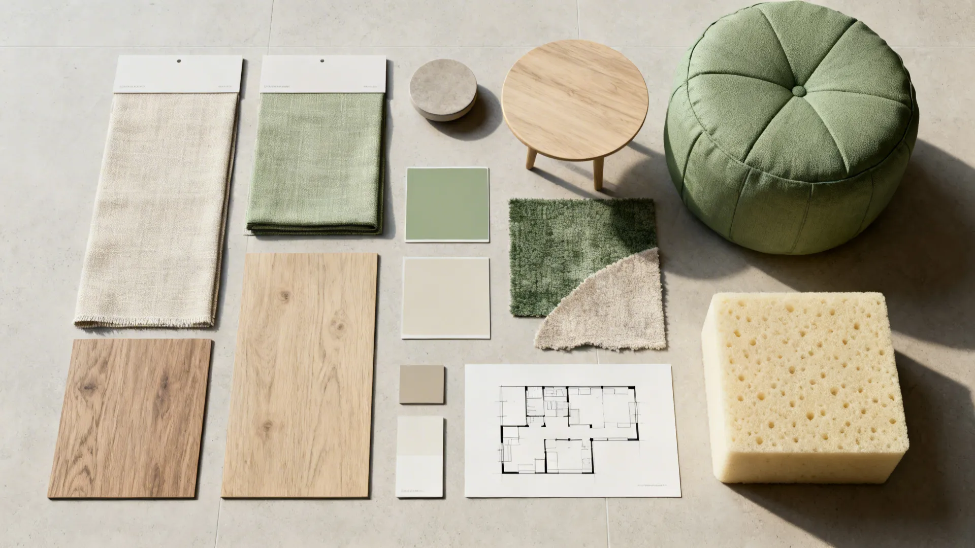 Flat lay of fabric swatches, wood finishes, paint chips, rug pieces, table sample, foam, and a plan sketch.
