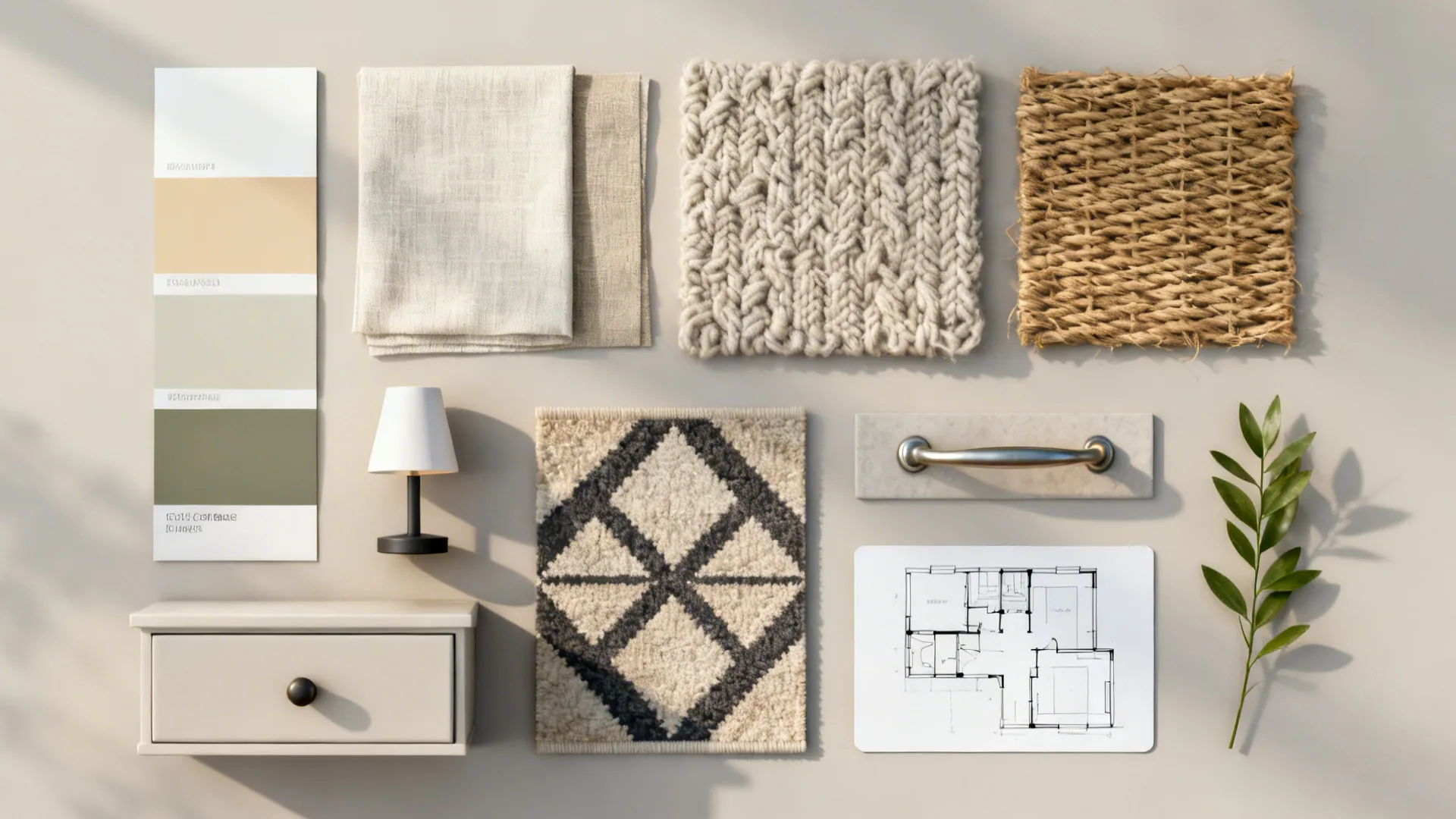 Flat lay showing interior design materials including fabric samples color palette floor plan and drawer