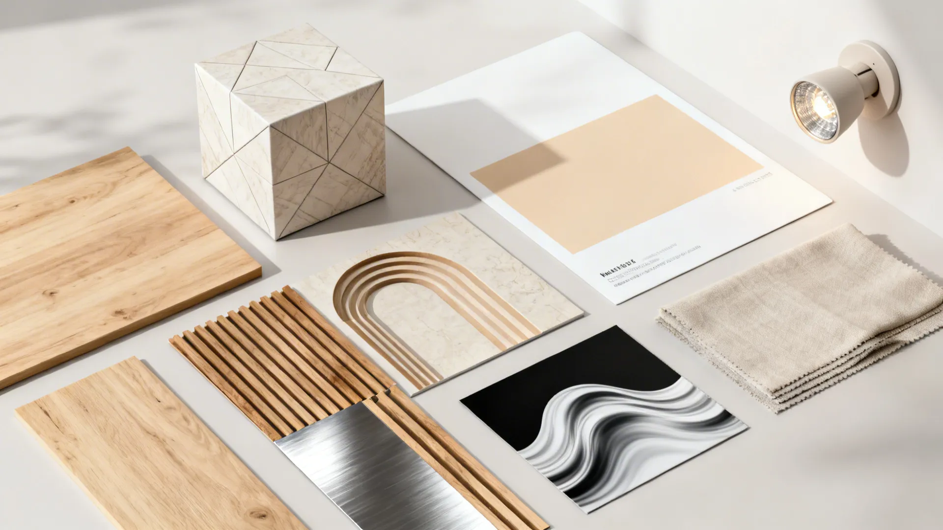 Flat lay of geometric, wood, arch, metallic, and monochrome 3D wallpaper samples with neutral materials.