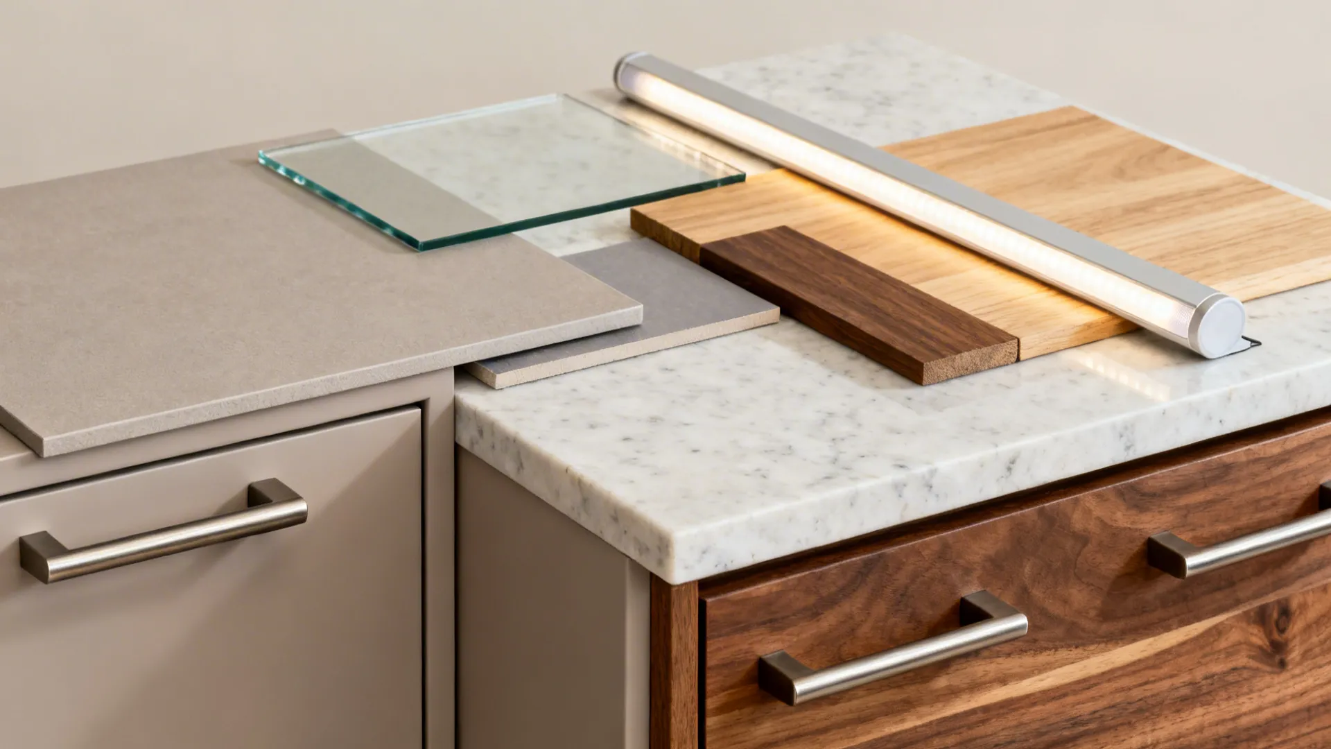 Flatlay of matte cabinet, low-iron glass, quartz, oak and walnut, brushed hardware, and LED diffuser.