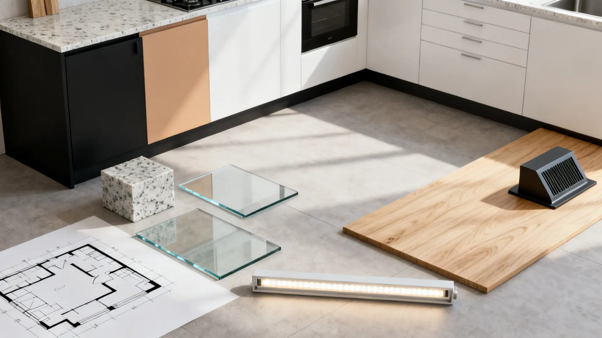 Kitchen floor plan with material samples including wood, glass, stone, and a long light fixture