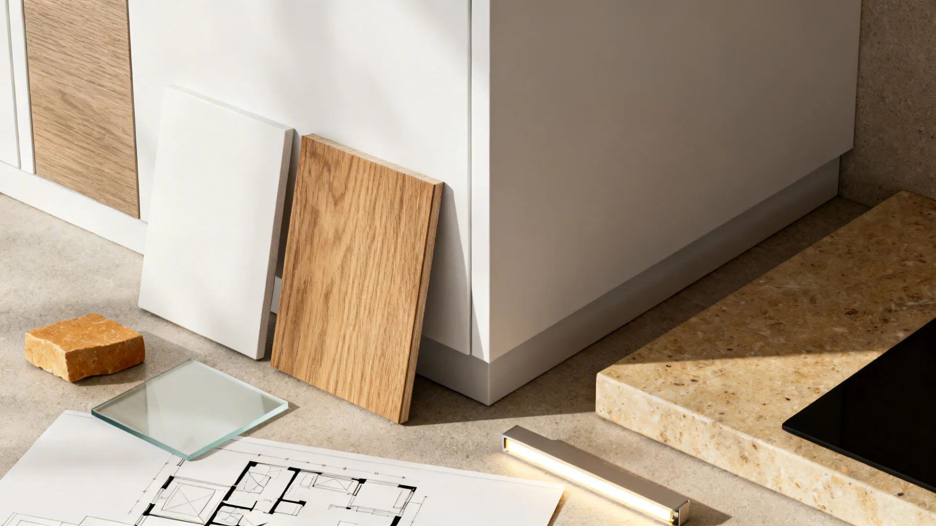 Interior design drawing with wood samples stone tiles and small light fixture on a stone floor