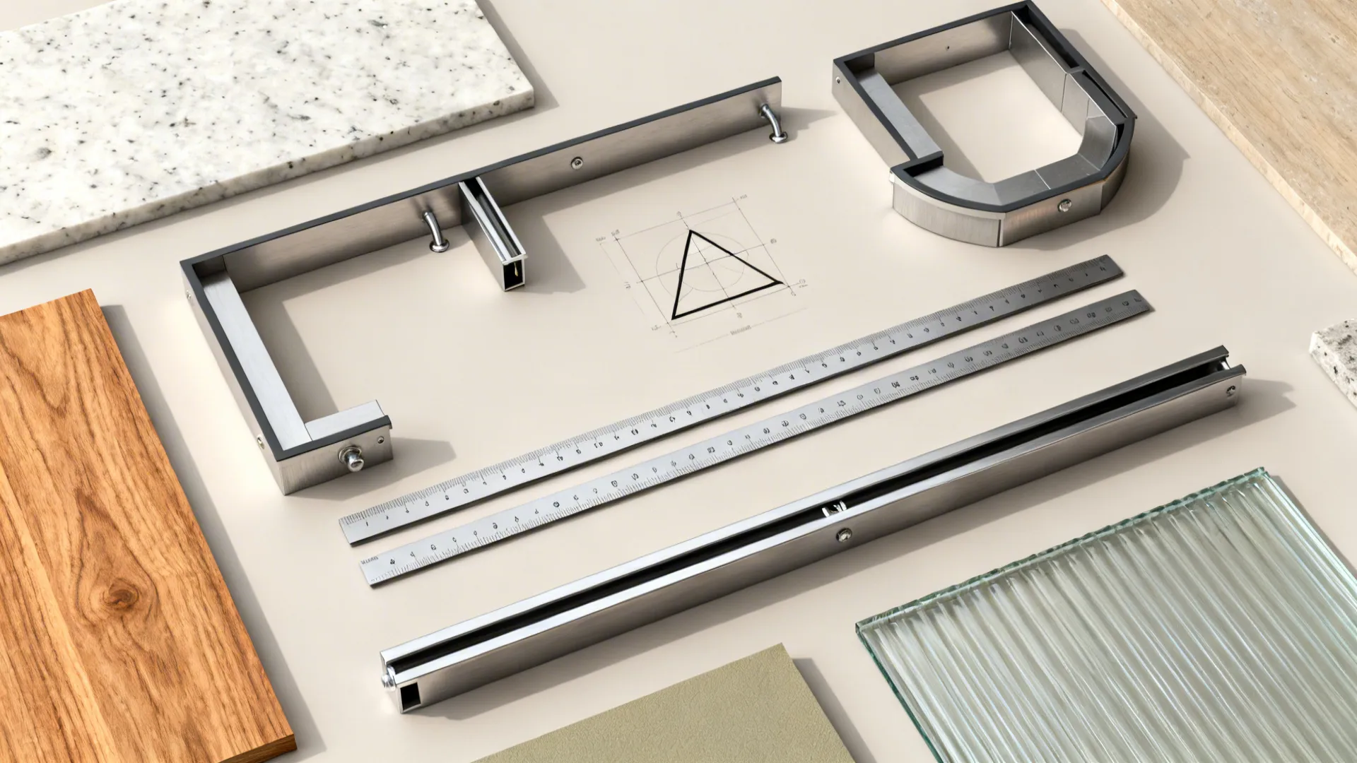 Flatlay of materials and symbols representing L, U, parallel, straight-line, and open kitchens.