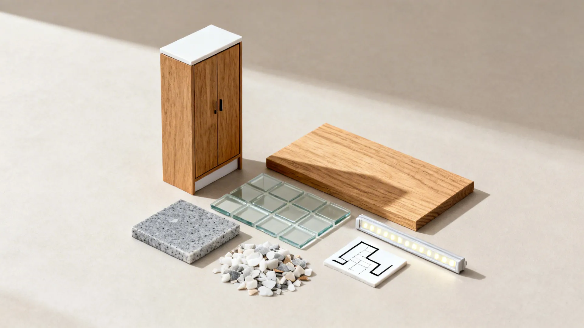 Flat lay of interior design materials including wood cabinet glass tiles stones and light fixture