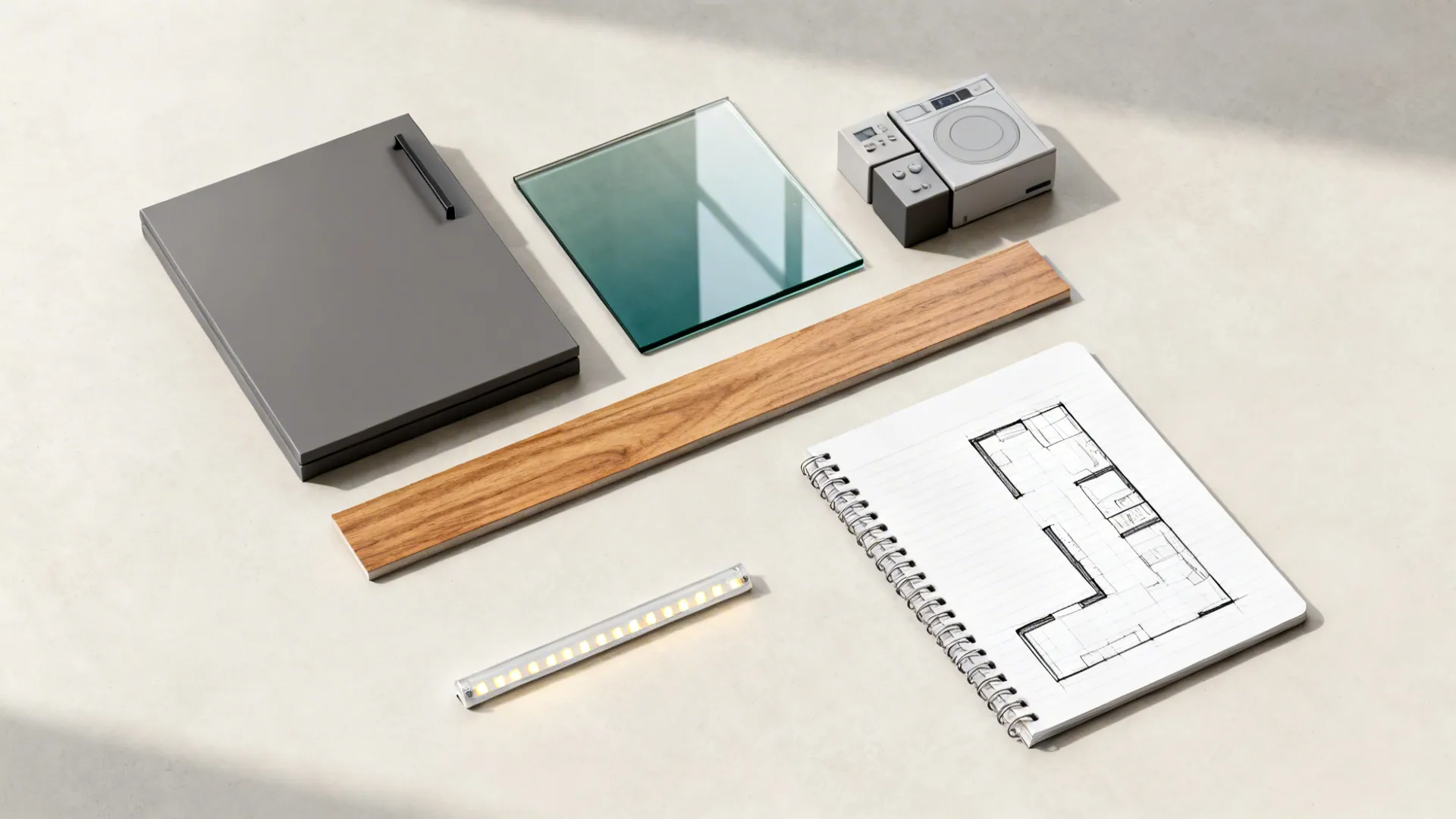 Flat lay with cabinet, glass, oak samples, appliance blocks, LED strip, and an L-shaped sketch.