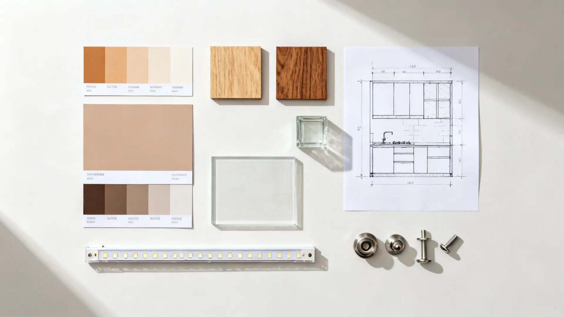 Interior design mood board with color samples wood pieces glass metal knobs and kitchen drawing